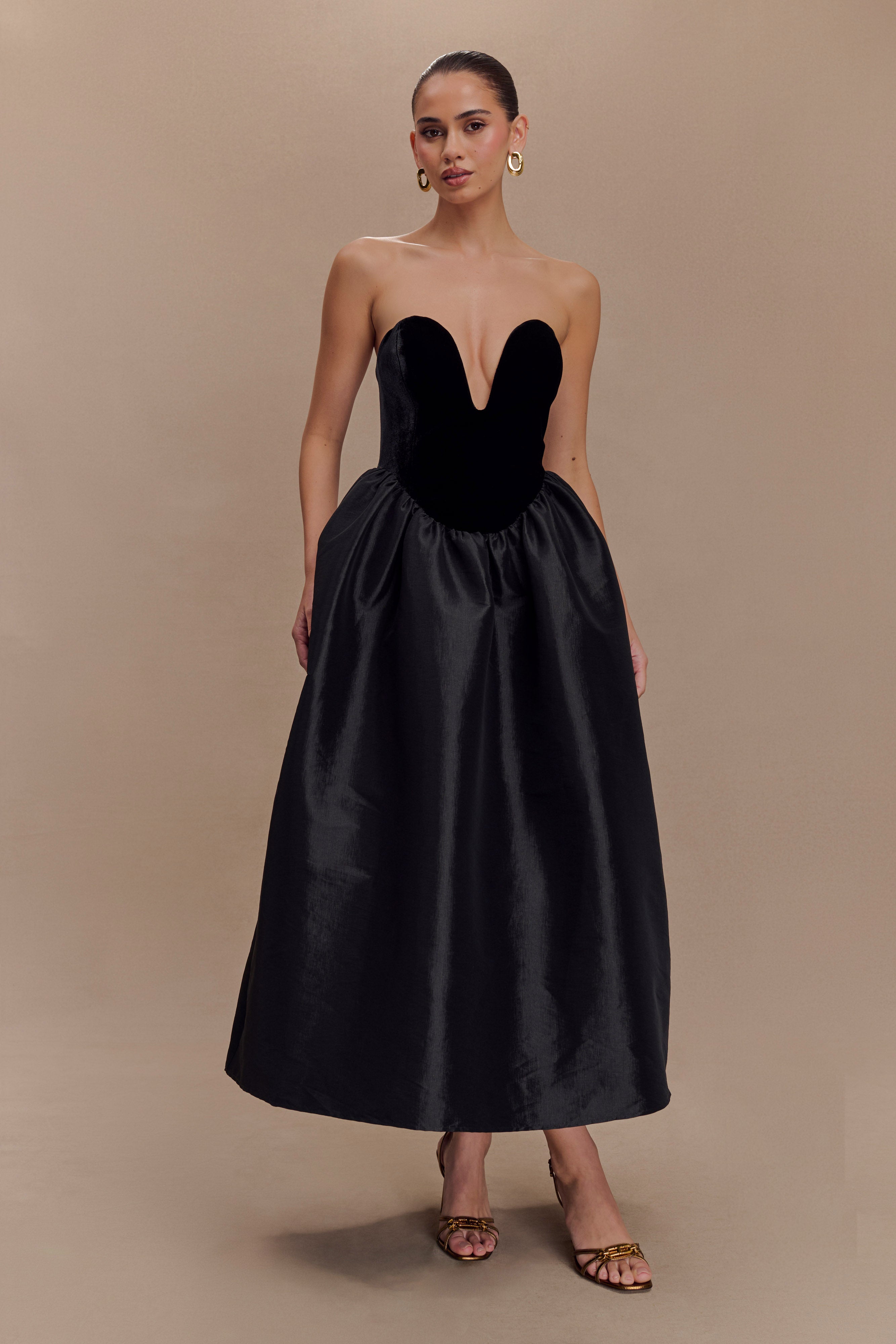 Flora Strapless Velvet Midi Dress - Black、mySite、solidvoid