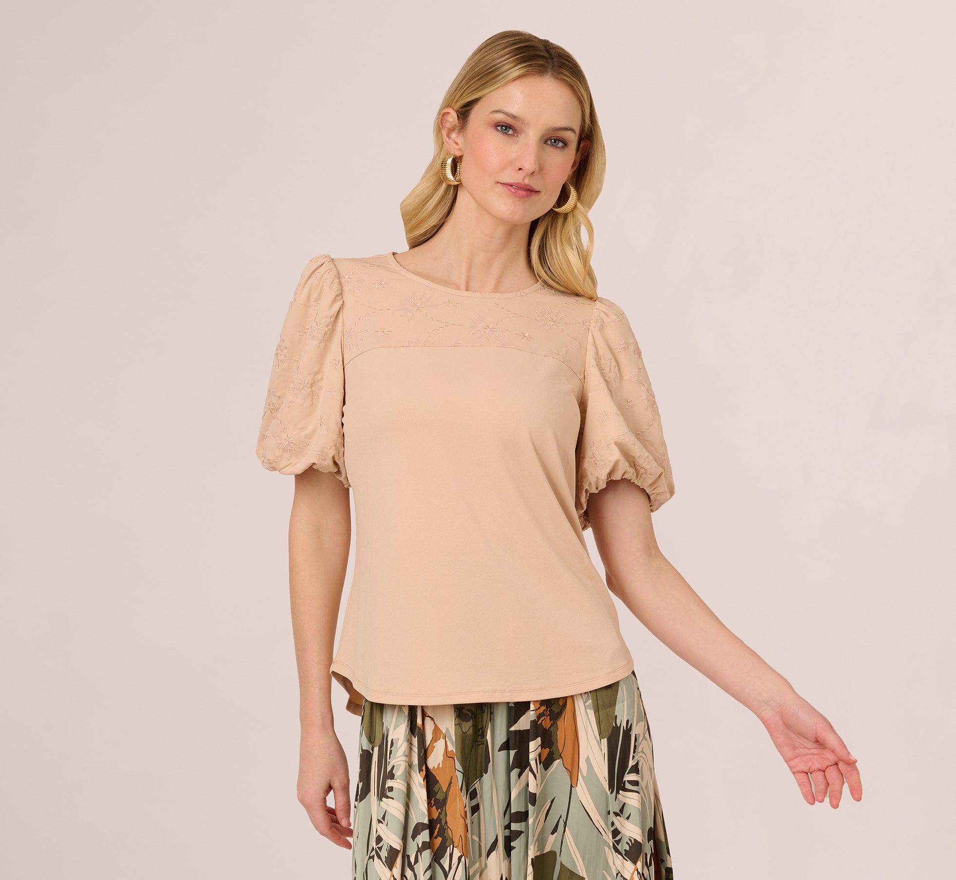 Bubble Sleeve Embroidered Top In Champagne Blush、mySite、solidvoid