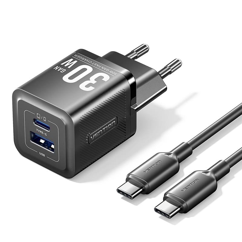 Vention 2-Port USB (C+A) GaN Charger (30W/30W) with USB-C to USB-C Cable (1M) EU-Plug、mySite、fannypackpong