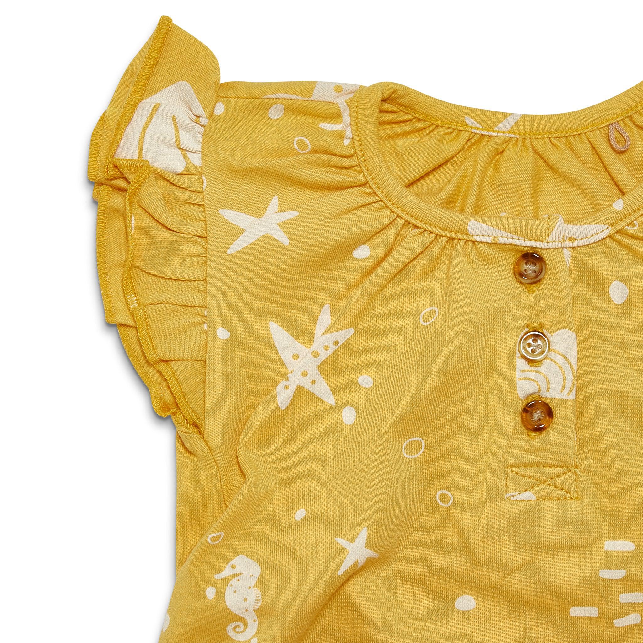 RETIRED - Organic Flutter Sleeve Button Bunsuit - Sunny Yellow Seashells、mySite、g9winljtr