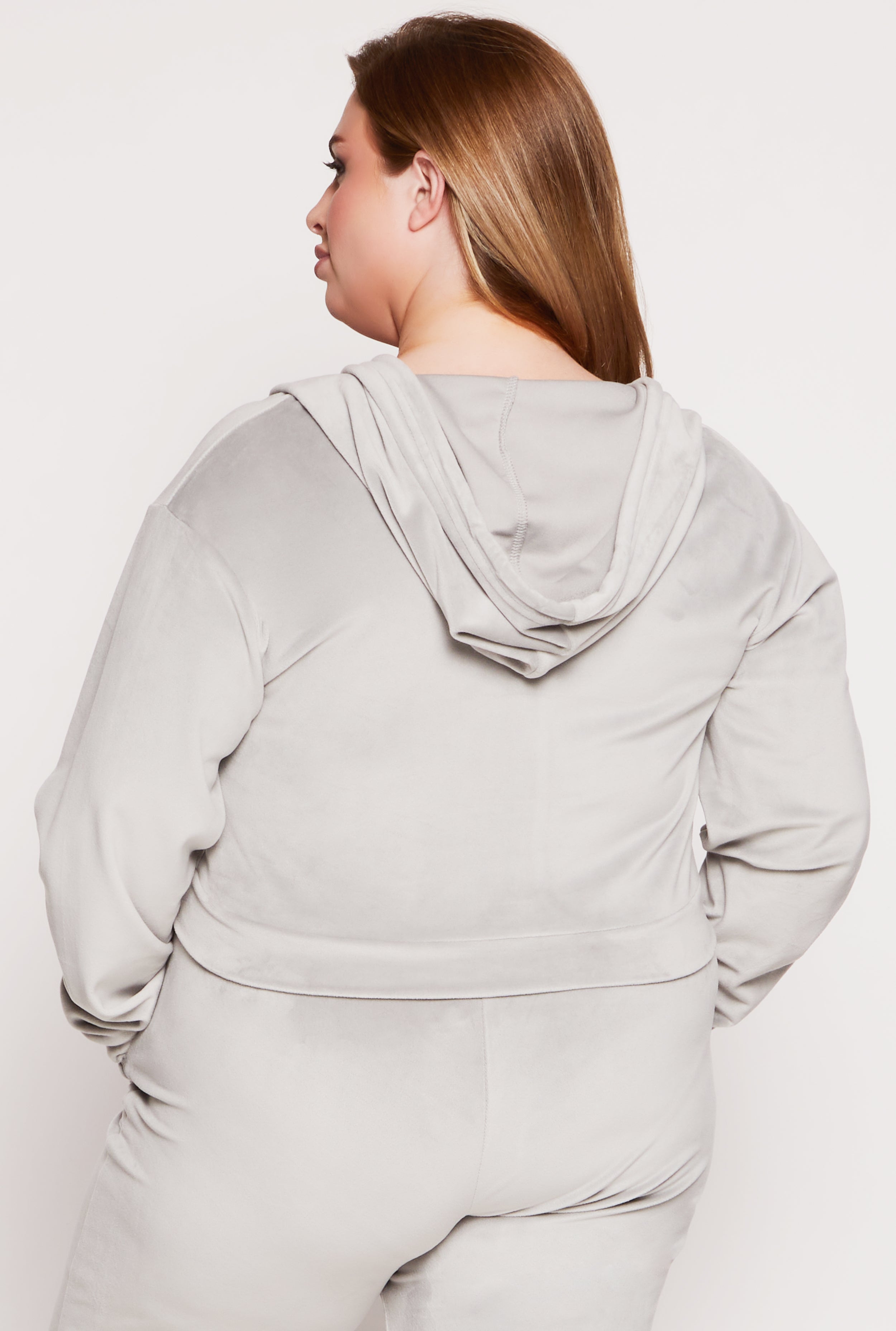 Plus Size Velour Zip Front Hooded Crop Top、mySite、camillekostekn