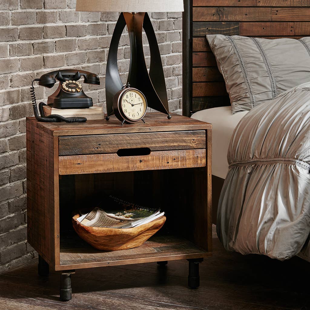 Industrial Rustic Wood Nighstand with Drawer and Storage Solid Wood、mySite、g9winljtr
