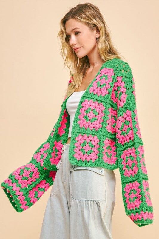 Davi & Dani Full Size Two Tone Flower Square Crochet Open Front Cardigan、mySite、camillekostekn