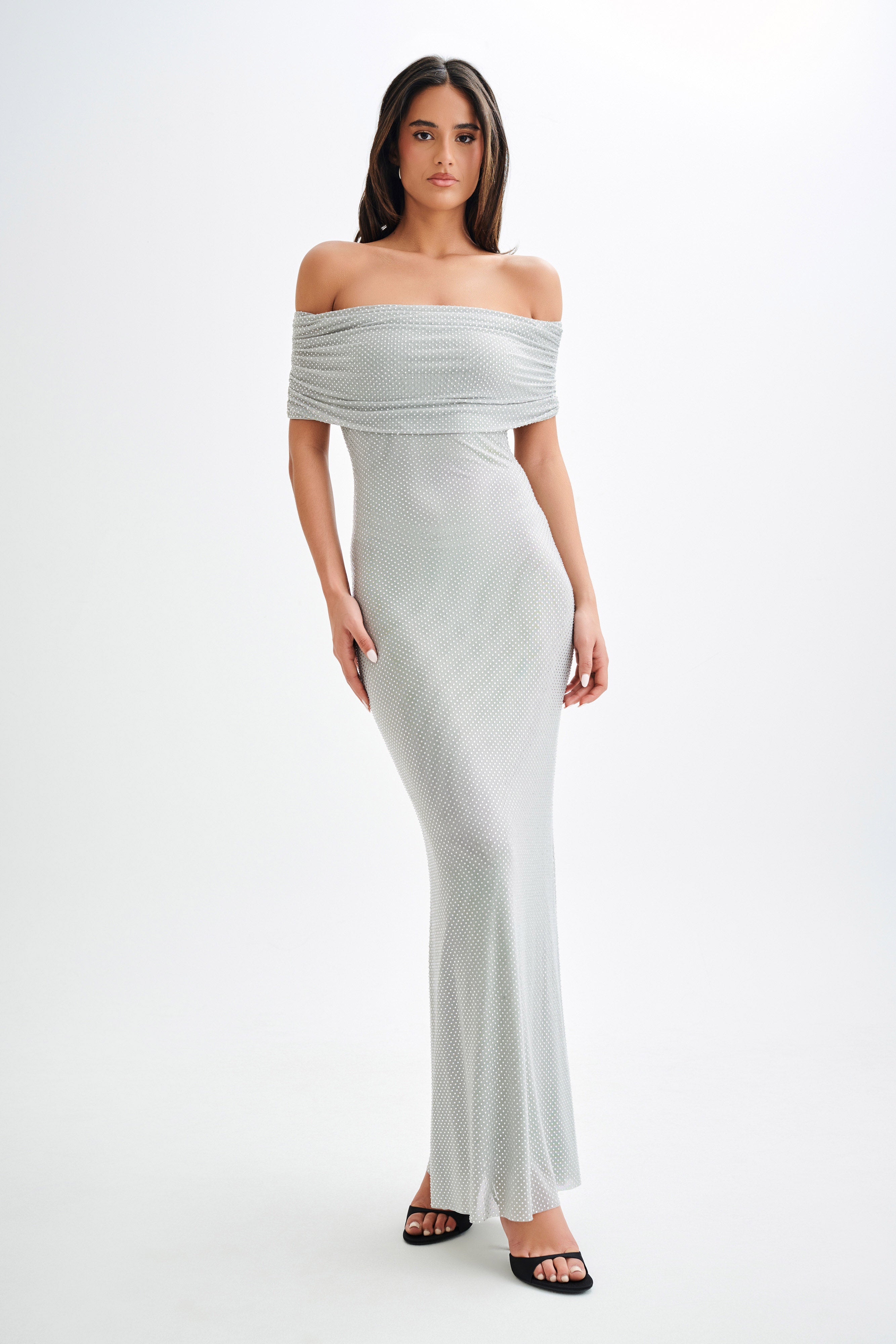 Arna Off Shoulder Diamante Maxi Dress - Silver、mySite、solidvoid