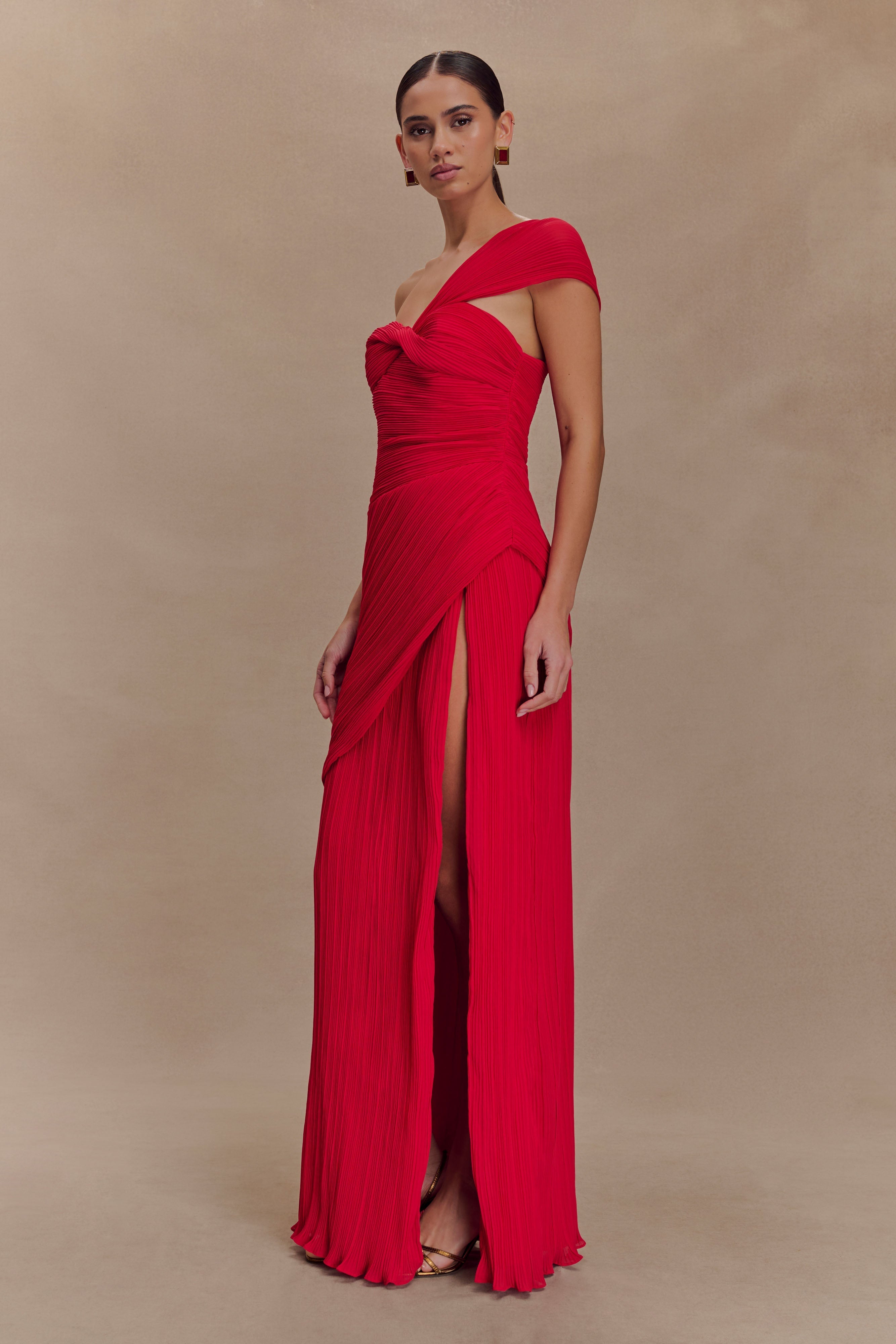 Tamara Shirred Chiffon Midi Dress - Red、mySite、solidvoid