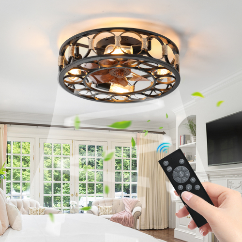 Caged Ceiling Fan with Lights Remote Control, Low Profile Flush Mount Farmhouse Modern Ceiling fans, 6 Speeds Reversible Blades, 5 LED Bulbs Include(Black)、、eastwooduniform