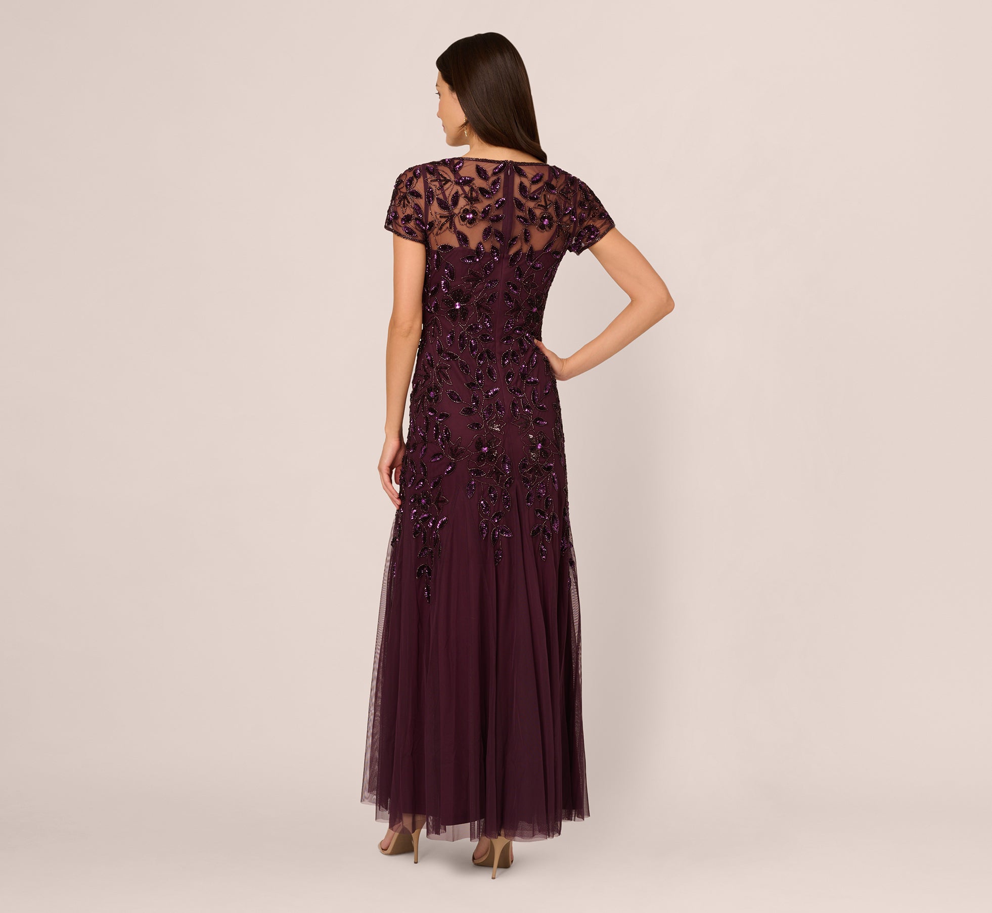 Hand Beaded Short Sleeve Floral Godet Gown In Night Plum、mySite、solidvoid