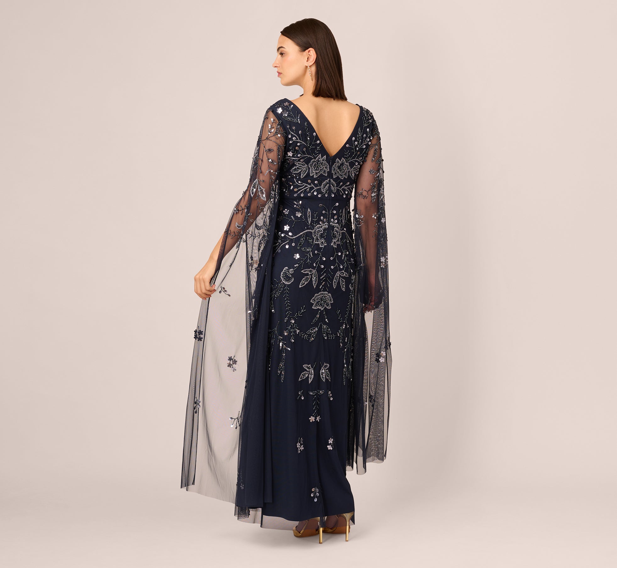 Split Sleeve Floral Beaded Gown In Navy Gunmetal、mySite、solidvoid