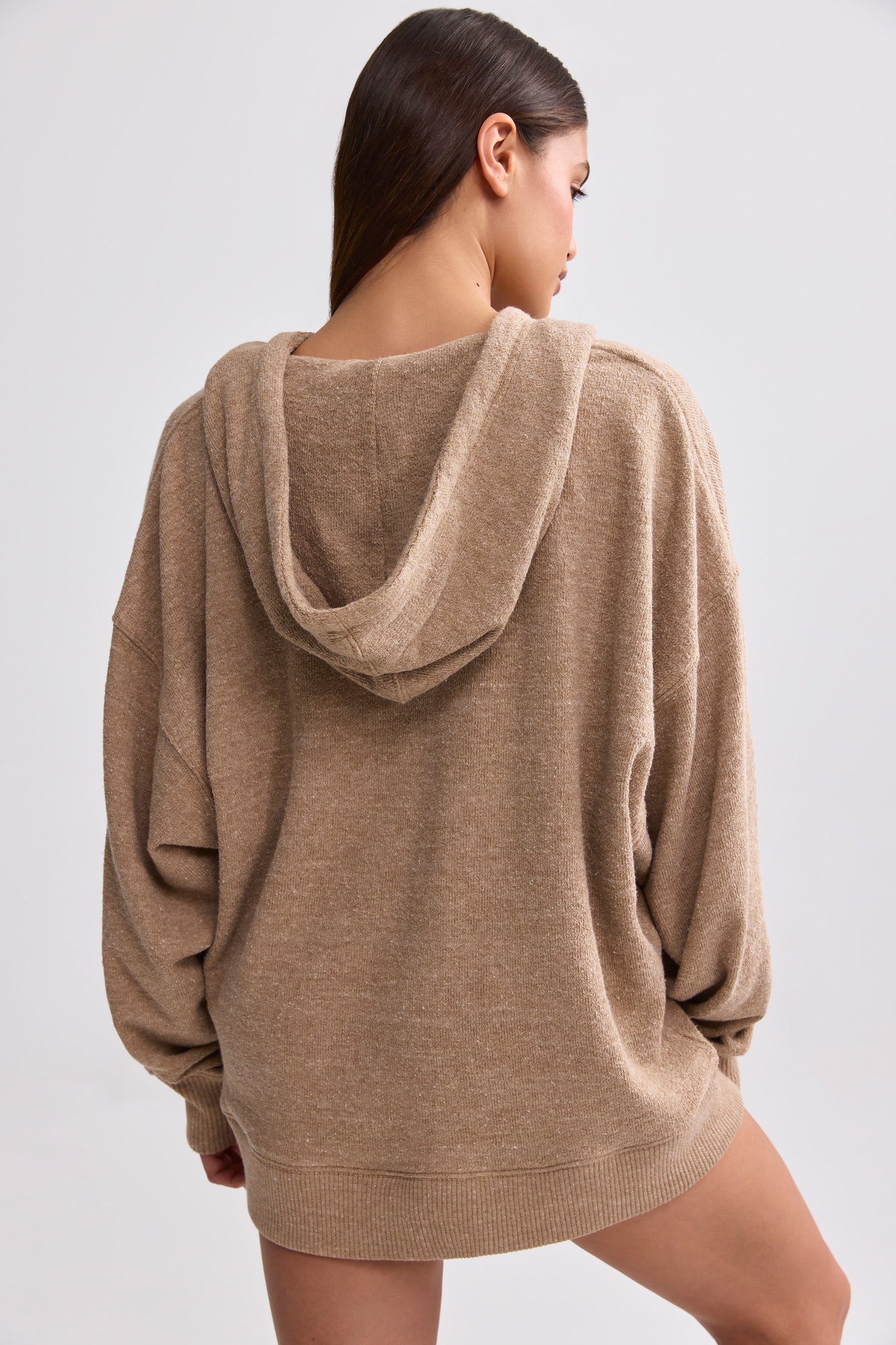 Terry Towelling V-Neck Hoodie in Mocha Brown、mySite、solidvoid