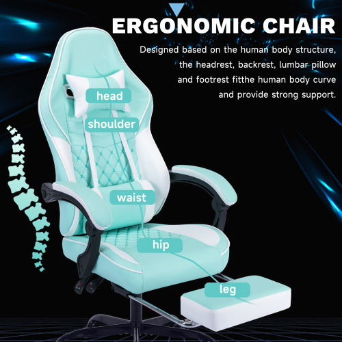 Ergonomic Video Gamer Chairs,Computer Gaming Chairs with Massage Lumbar Support and footrest,Racing Style Computer Chair Adjustable Headrest for Adults,GREEN、、casual