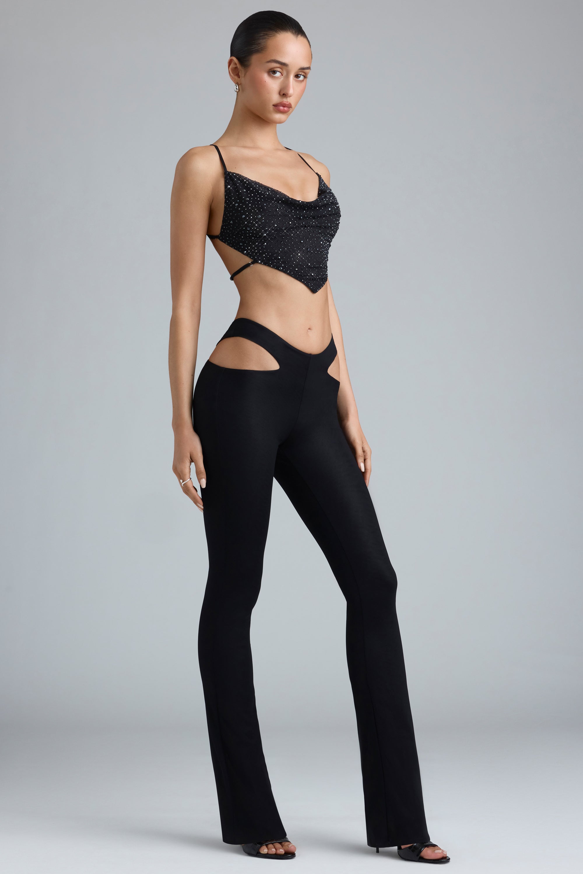 Tall Metallic Cut-Out Low-Rise Flared Trousers in Black、mySite、solidvoid