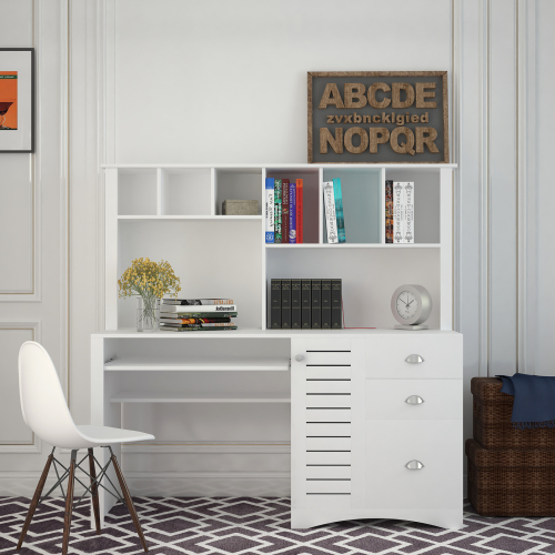 Home Office Computer Desk with Hutch, Antiqued White finish、、casual
