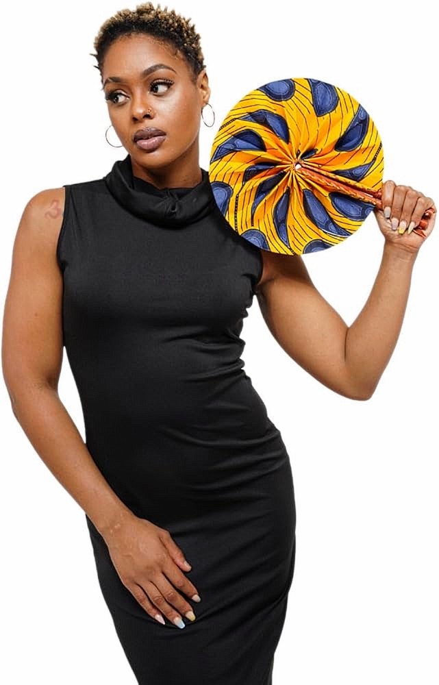 Dupsie's Khanita Foldable Orange and Blue Bulb/Peacock Patterned African Print Ankara Fan DPPF3816、mySite、solidvoid
