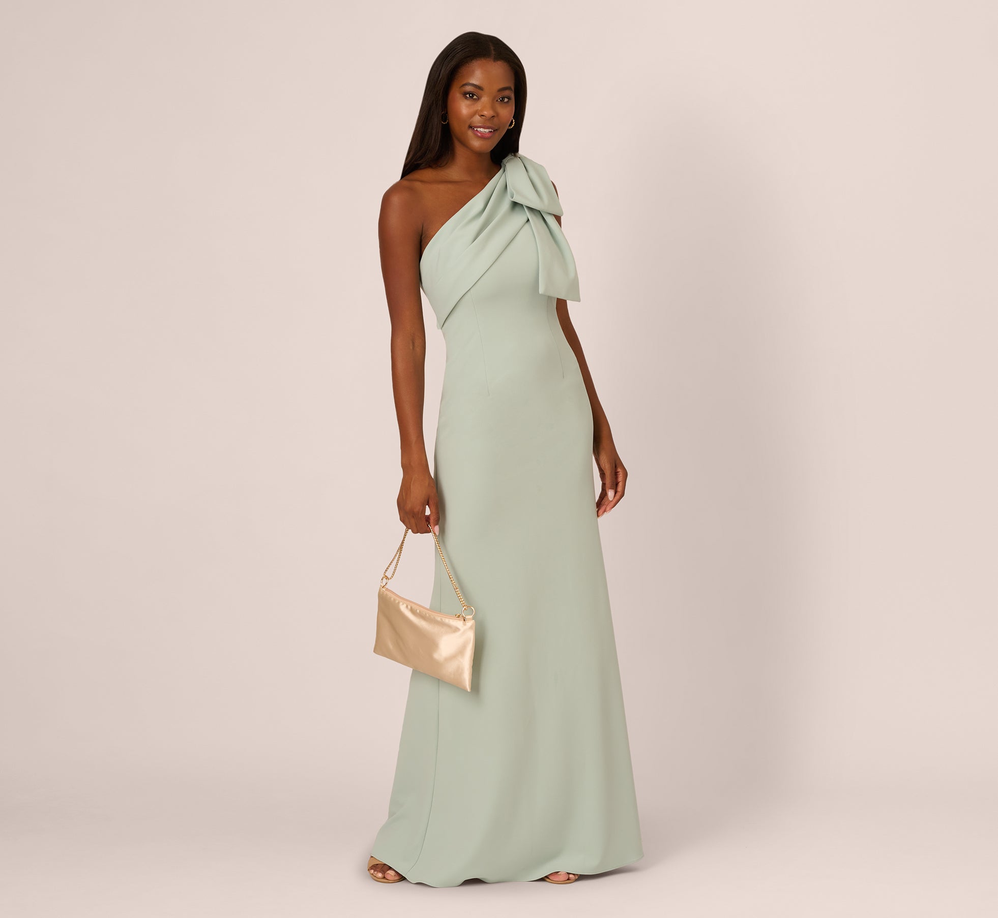 Stretch Crepe One Shoulder Mermaid Gown With Bow Accent In Icy Sage、mySite、solidvoid