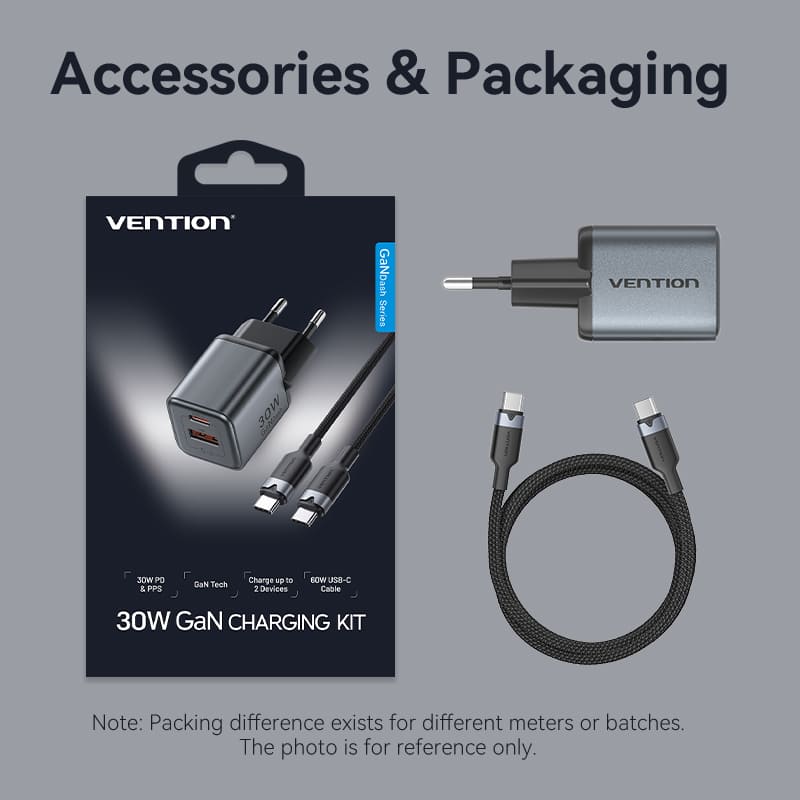 Vention 2-Port USB (C + A) GaN Charger (30W/18W) Gray with USB-C to USB-C Cable (1M) Black EU-Plug、mySite、fannypackpong