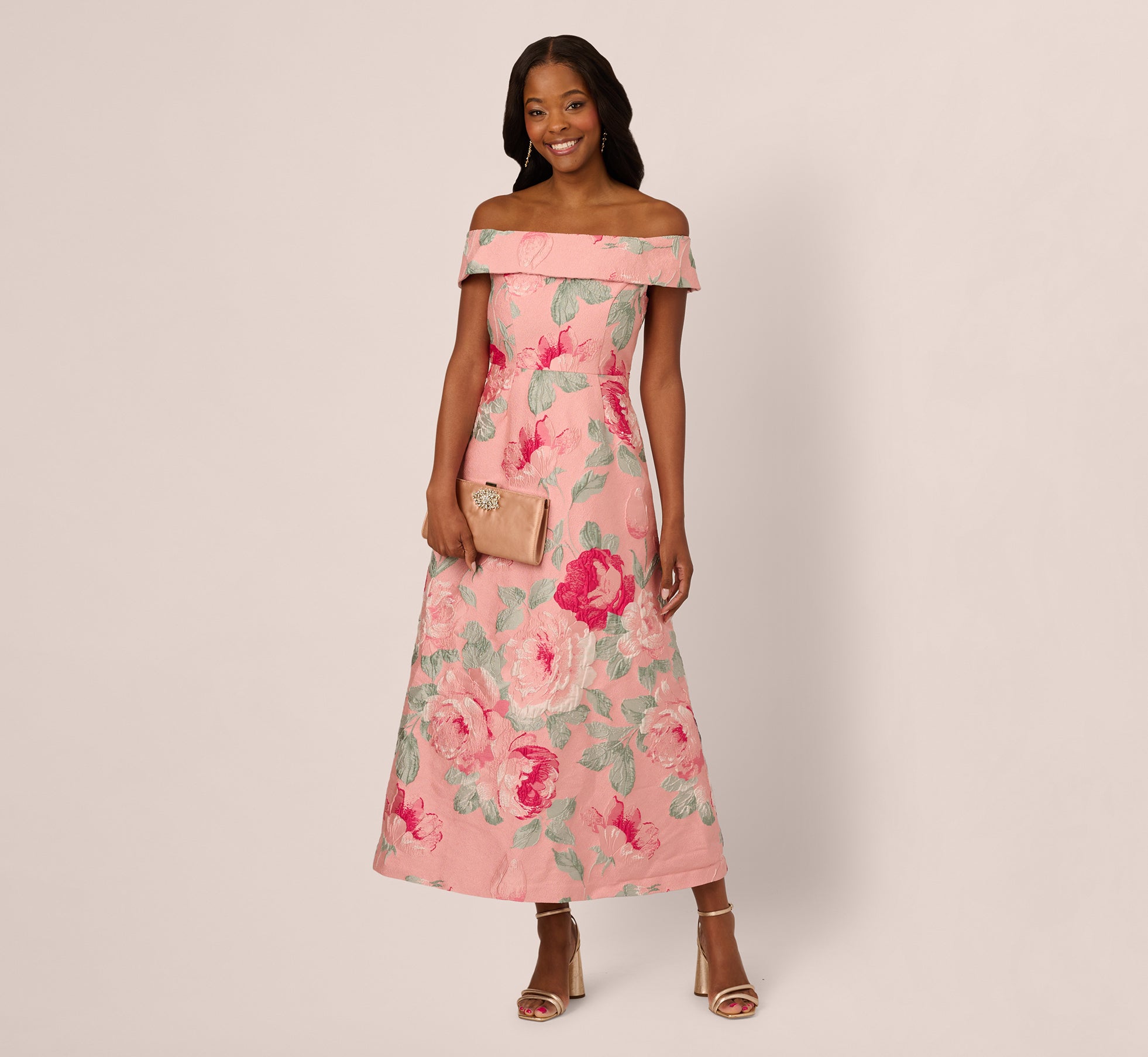 Off Shoulder Floral Jacquard Fit And Flare Gown In Pink Multi、mySite、solidvoid