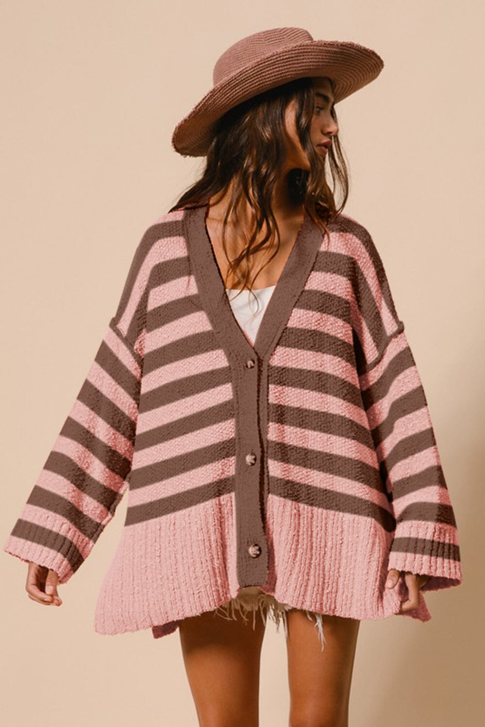 BiBi Slit Striped V-Neck Button Up Cardigan、mySite、camillekostekn