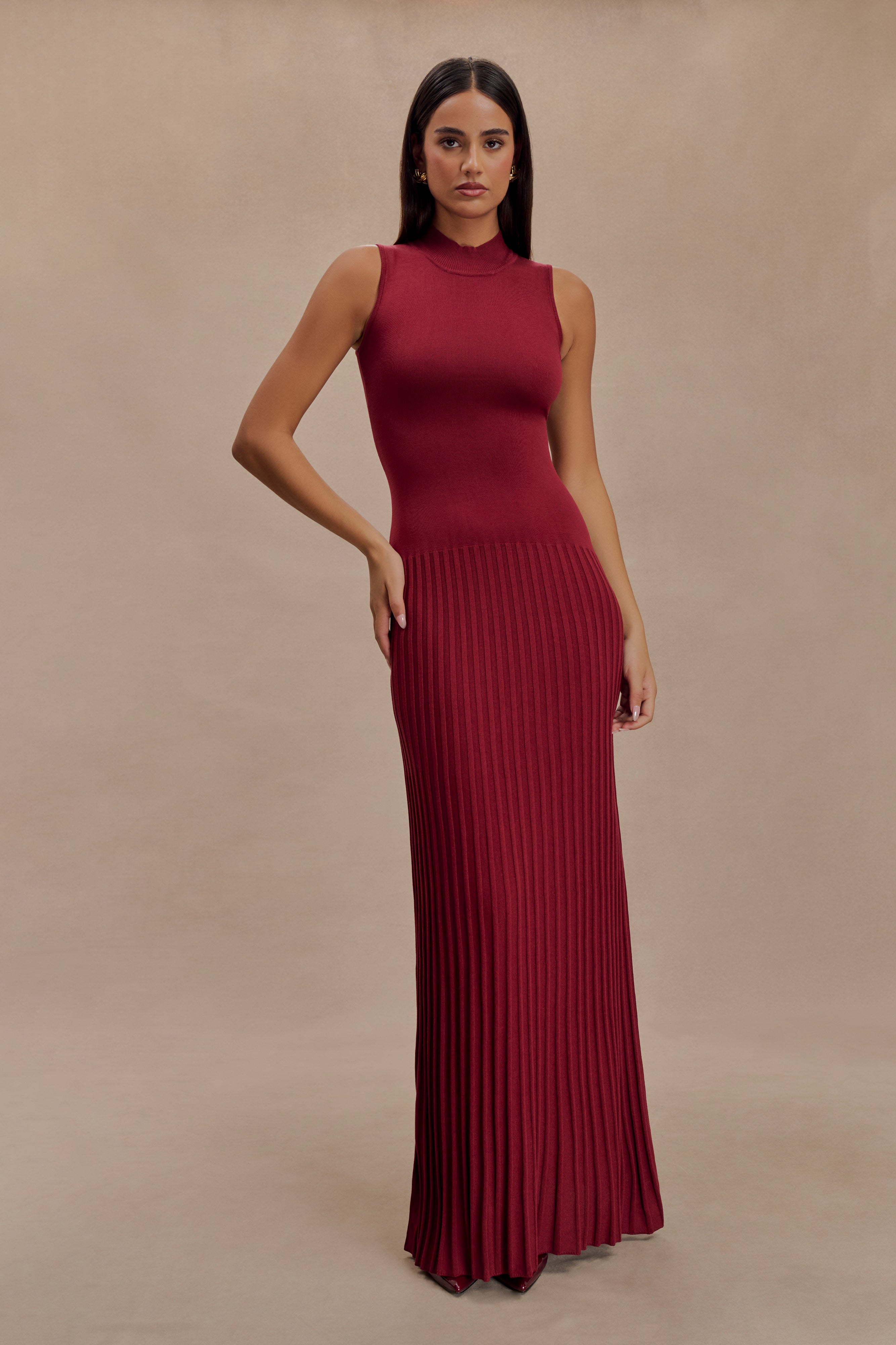 Mavis High Neck Pleated Maxi Dress - Mahogany、mySite、solidvoid