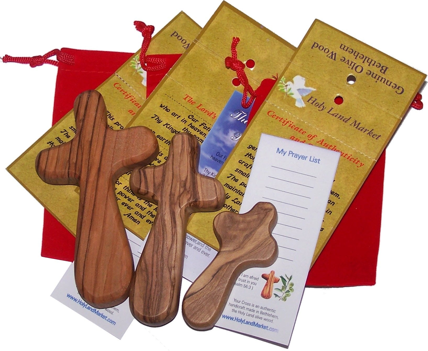 Holy Land Market Three Olive Wood Comfort Handheld Crosses with Velvet Bags & Lord's Prayer Cards - Set of Three Sizes、mySite、topwebapps
