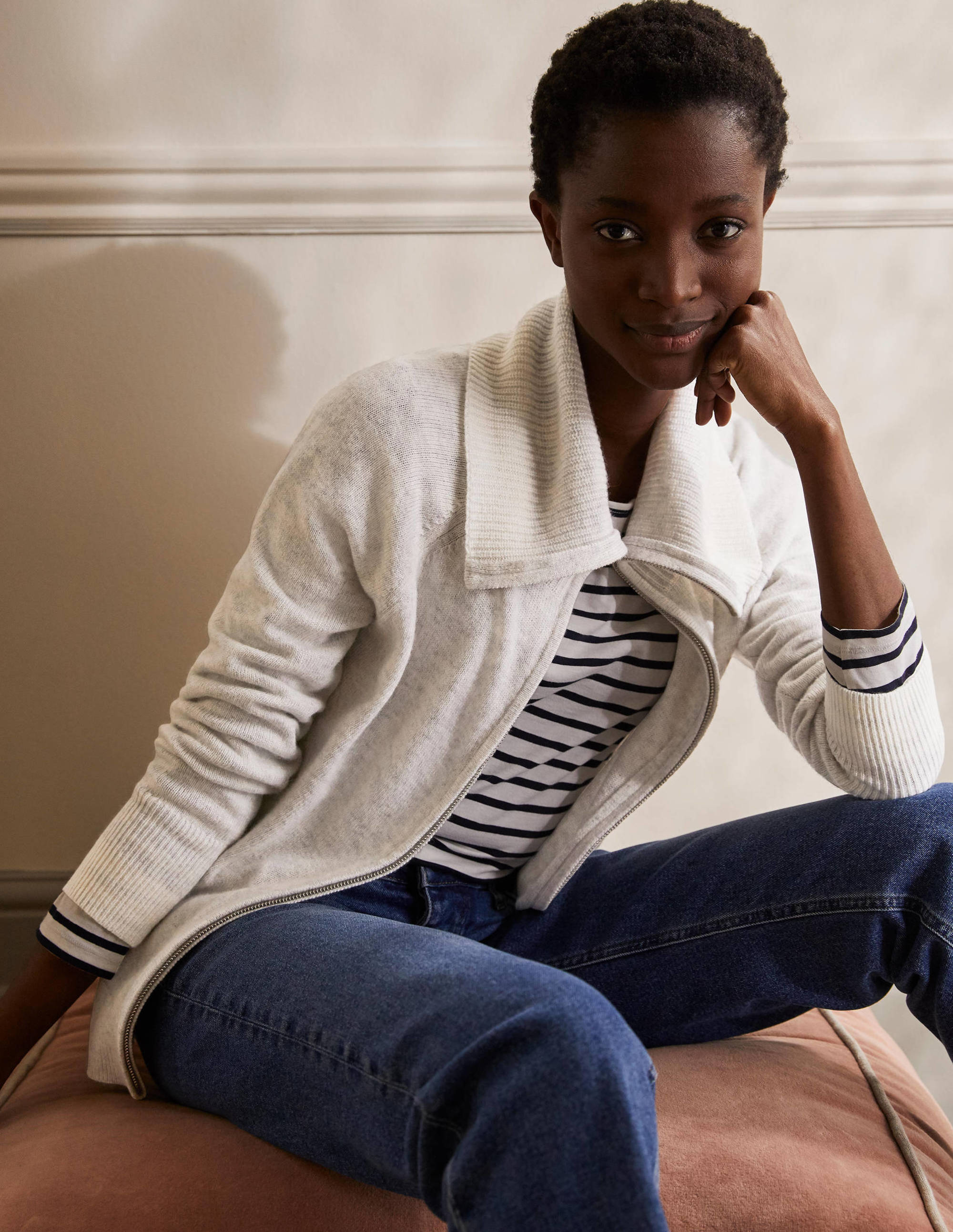  Collared Zip-up Cardigan-Silver Melange、mySite、ashleygrahame