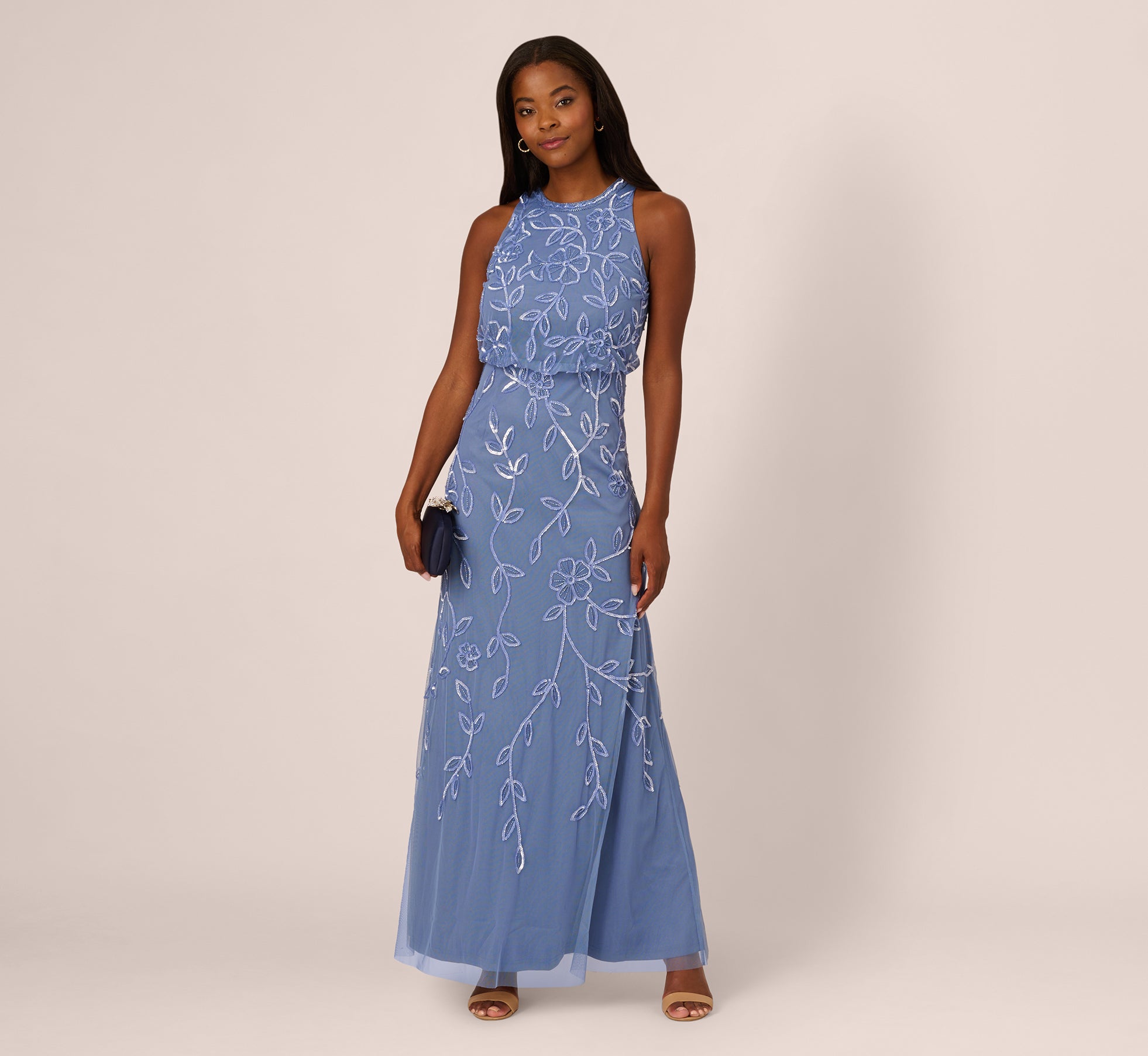 Sleeveless Blouson Mermaid Gown With Jasmine Beading In French Blue、mySite、solidvoid