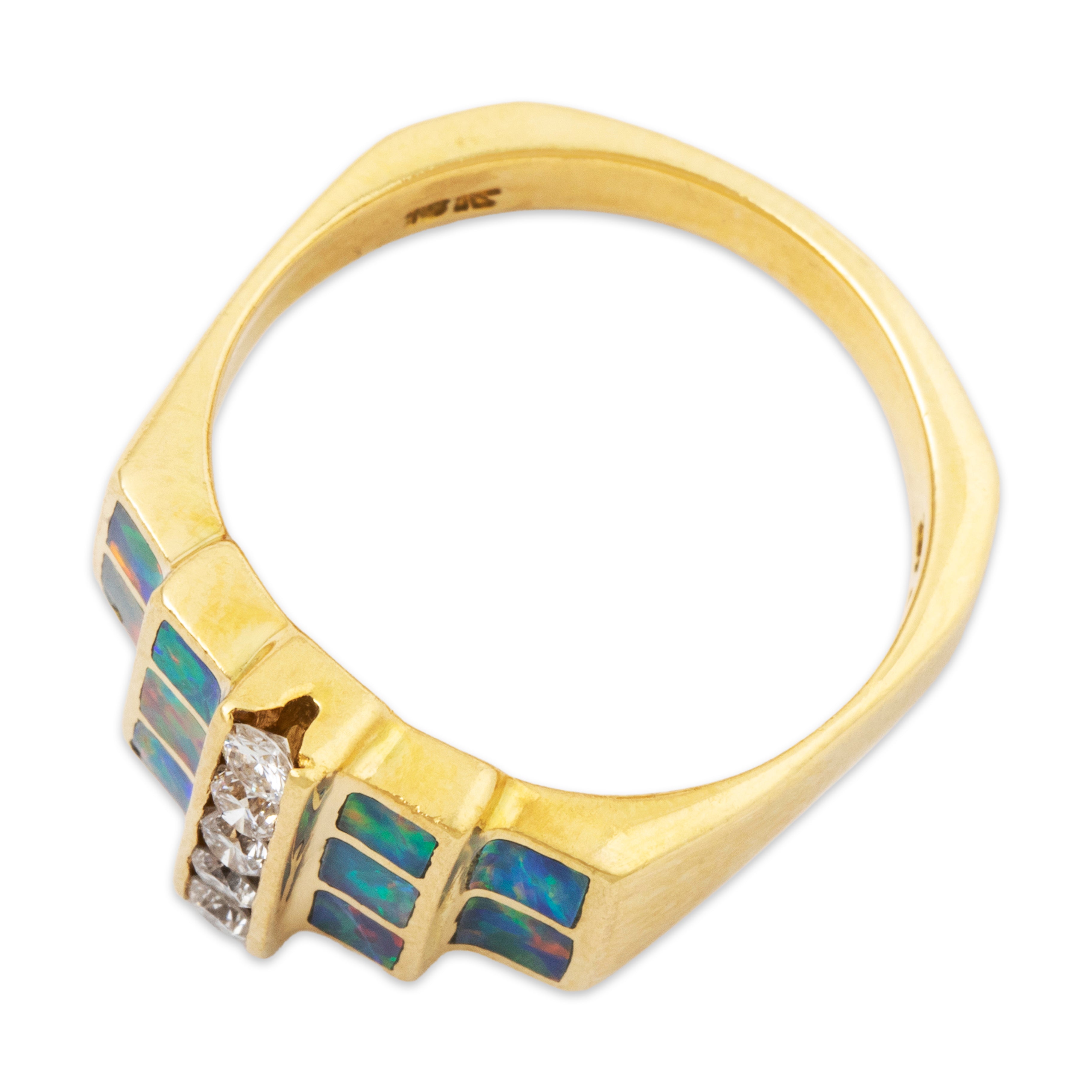 Vintage Heavy 18k Yellow Gold Blue Opal .29cttw Diamond Inlay Ring 8.75、mySite、hinf8tx79