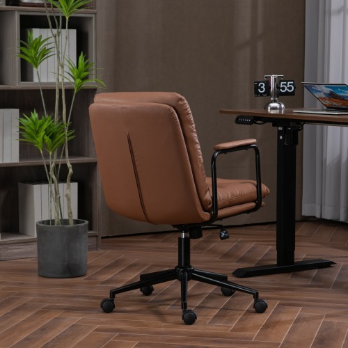 Office Chair,Mid Back Home Office Desk Task Chair with Wheels and Arms Ergonomic PU Leather Computer Rolling Swivel Chair with Padded Armrest,The back of the chair can recline 40° (Brown)、、casual