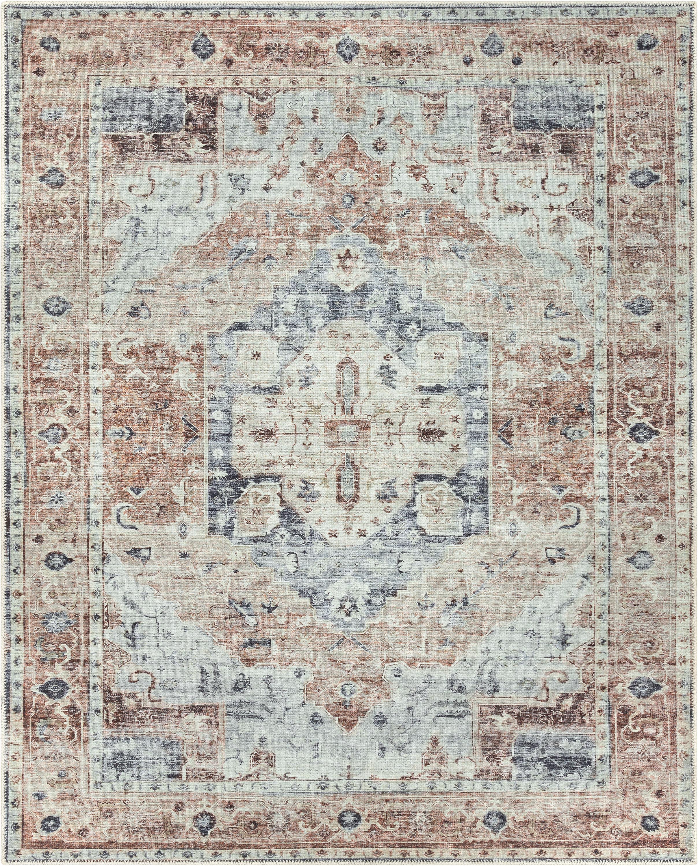 Binita Machine Washable Vintage Medallion Oriental Ivory Rust Flat-Weave Rug、mySite、gigharbornorthrealestate