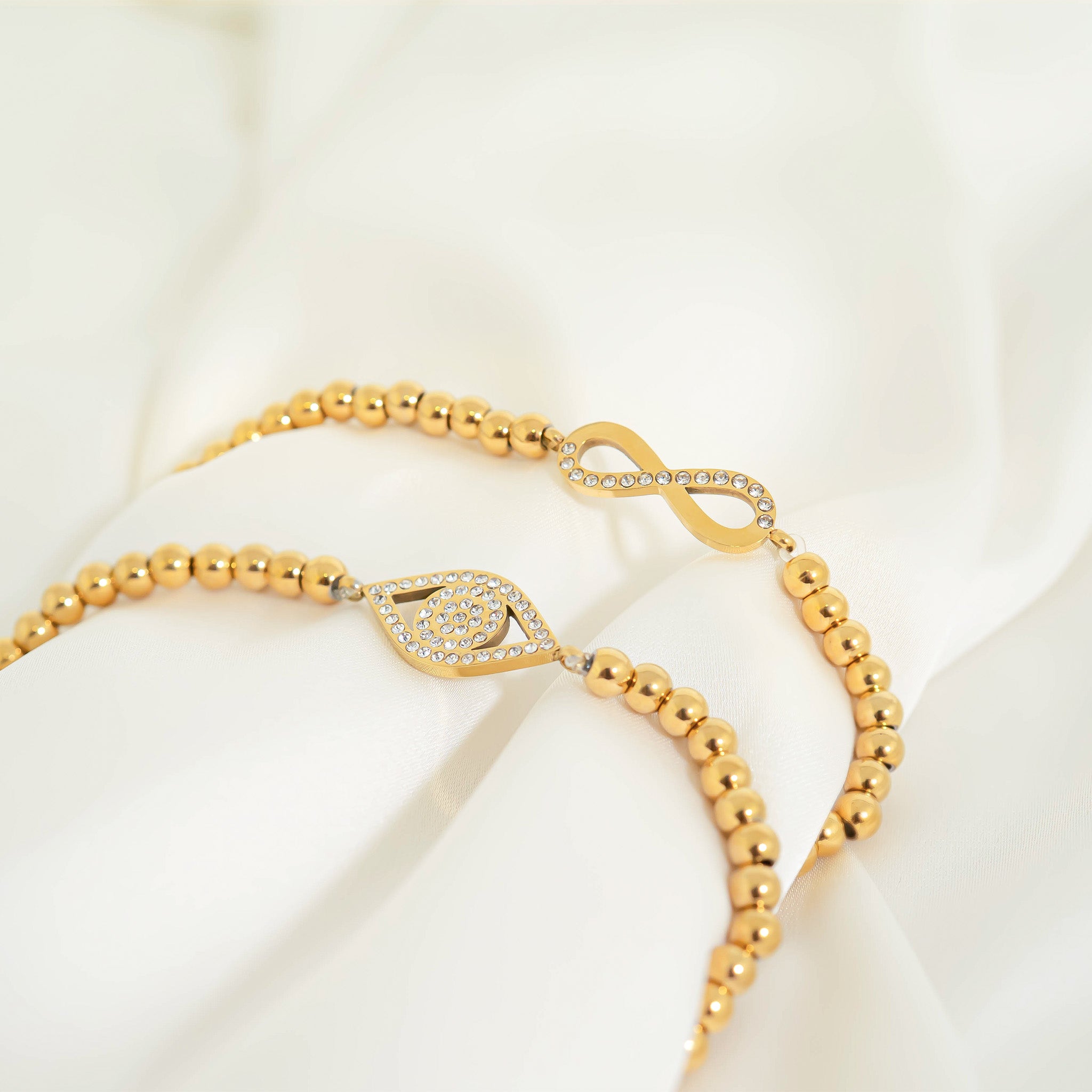 18K Gold PVD Stainless Steel Stone Evil Eye Metal Beaded Stretch Bracelet / BRJ1018、mySite、dreamappss