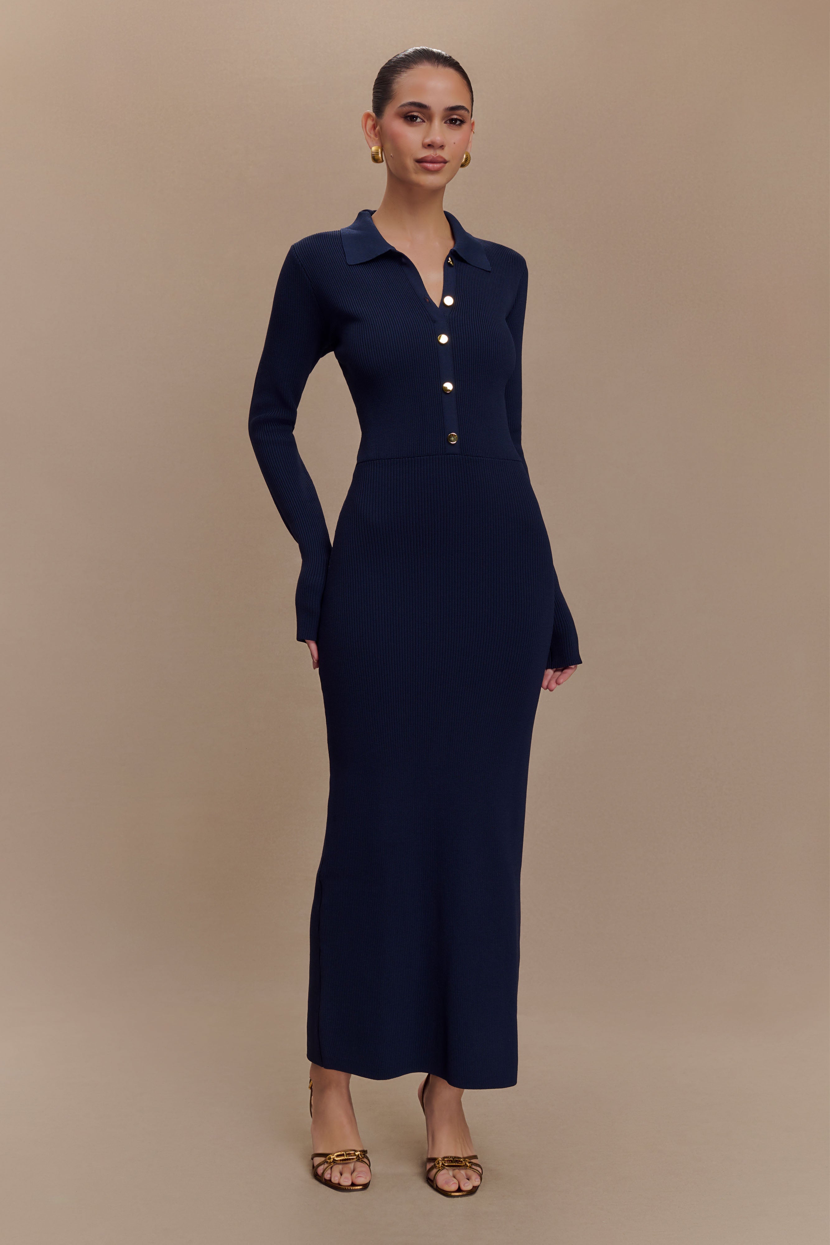 Abbey Buttoned Knit Midi Dress - Navy、mySite、solidvoid