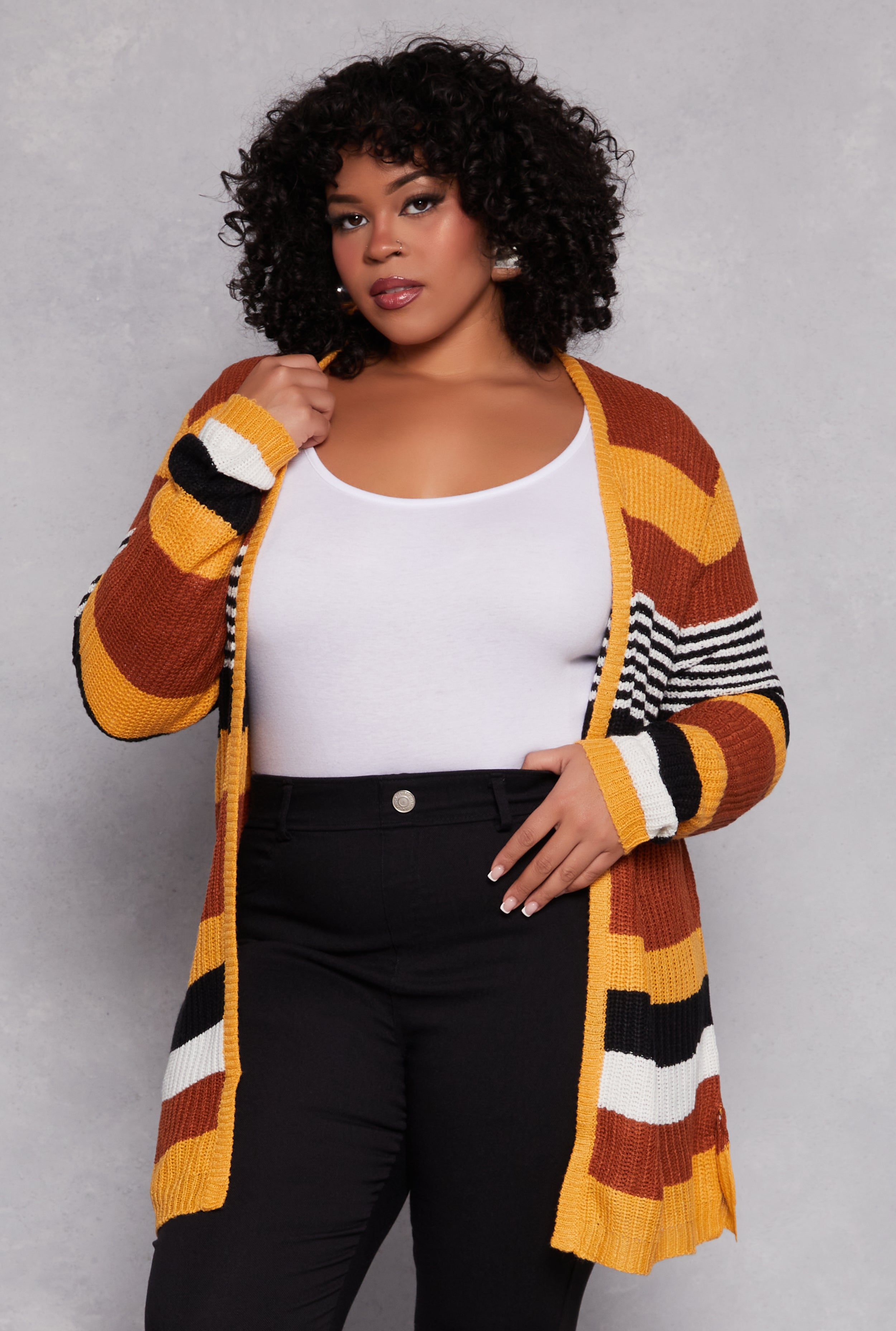 Plus Size Striped Open Front Cardigan、mySite、camillekostekn