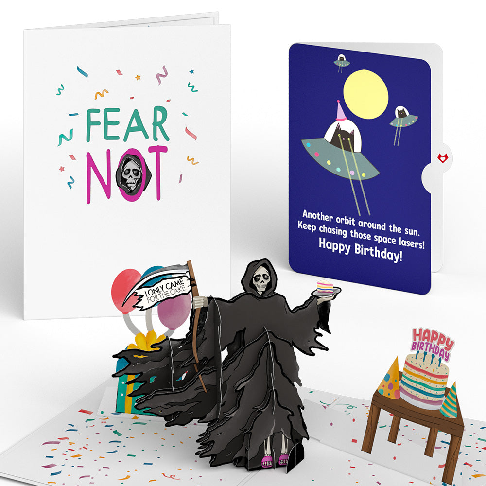 Grim Reaper Dark Humor Birthday with Space Laser Cats Pop-Up Card and Sentiment Set、mySite、solidvoid