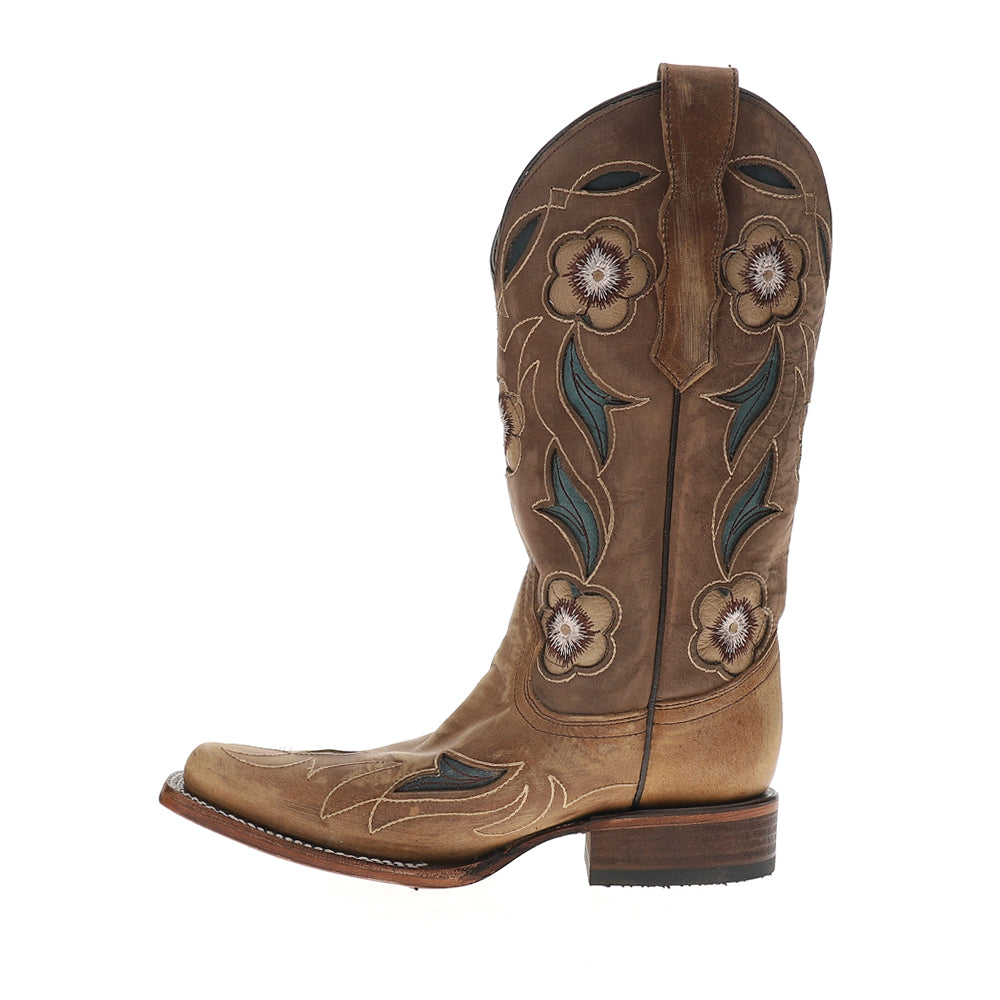 Sand Flower Inlay Embroidered Square Toe Pull On Cowboy Boots、mySite、gtrtttuynbv