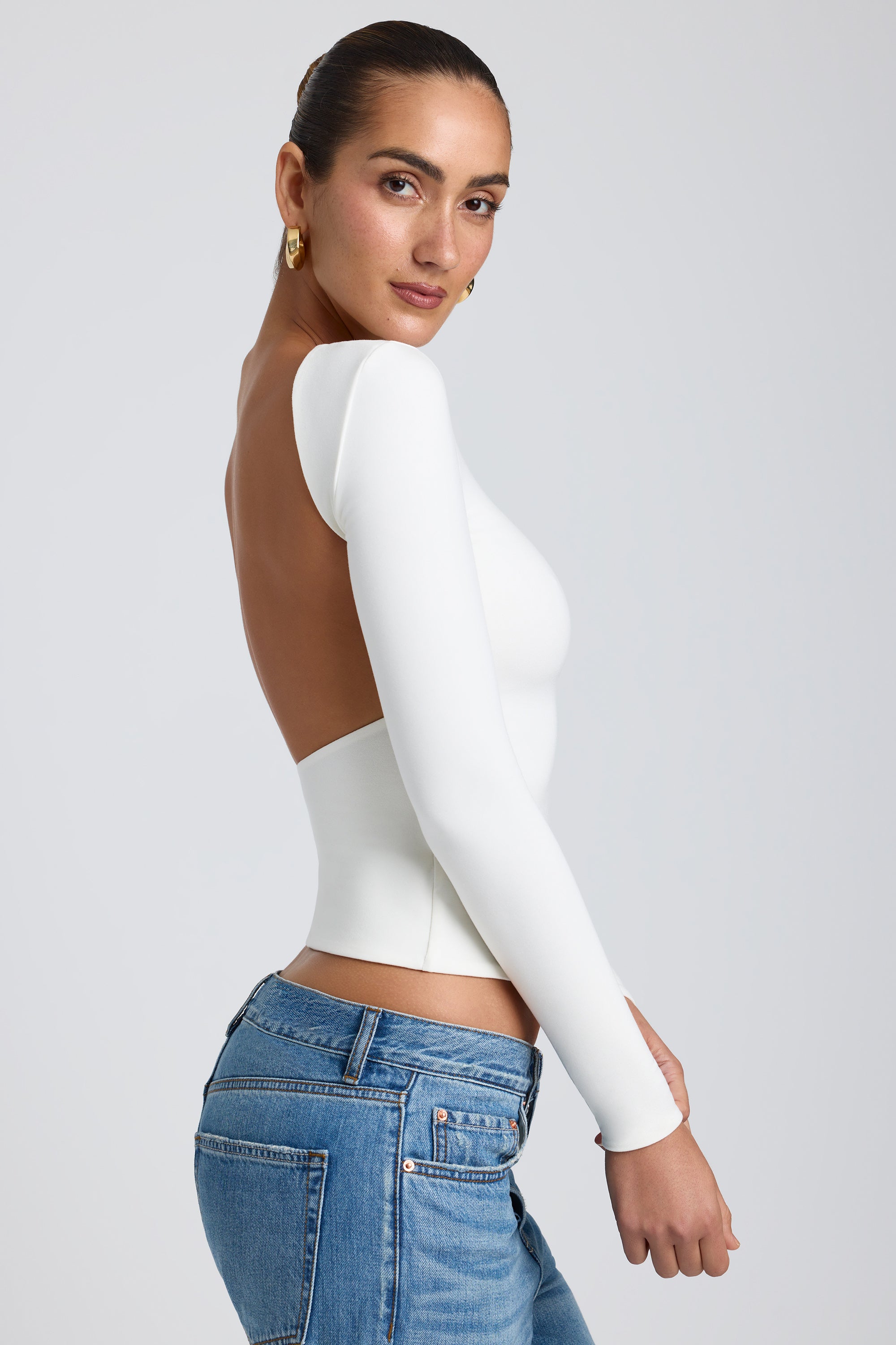 Modal High Neck Long Sleeve Open Back Top in White、mySite、solidvoid