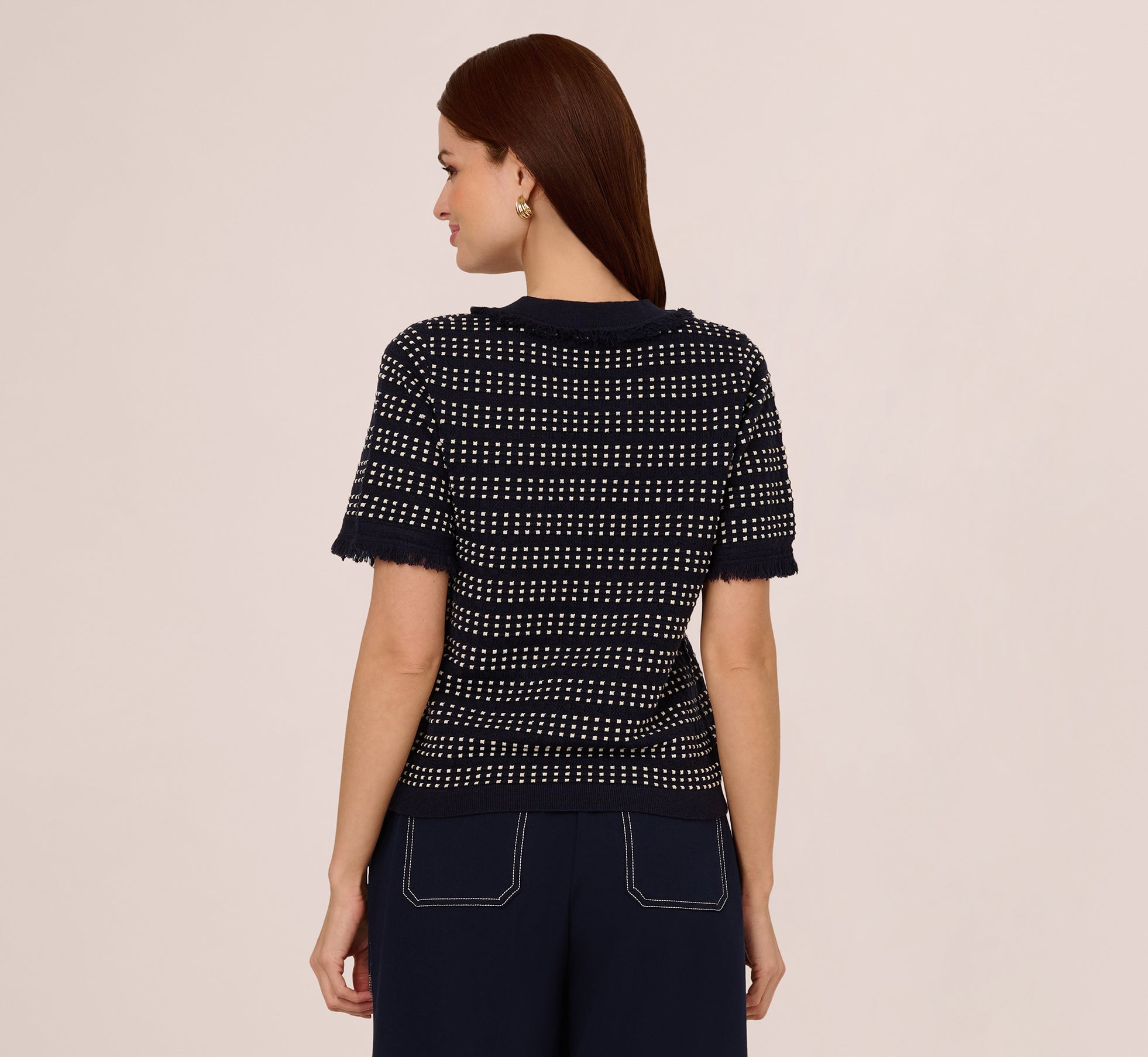 Short Sleeve Grid Knit Fringe Trim Sweater In Navy Ivory、mySite、solidvoid