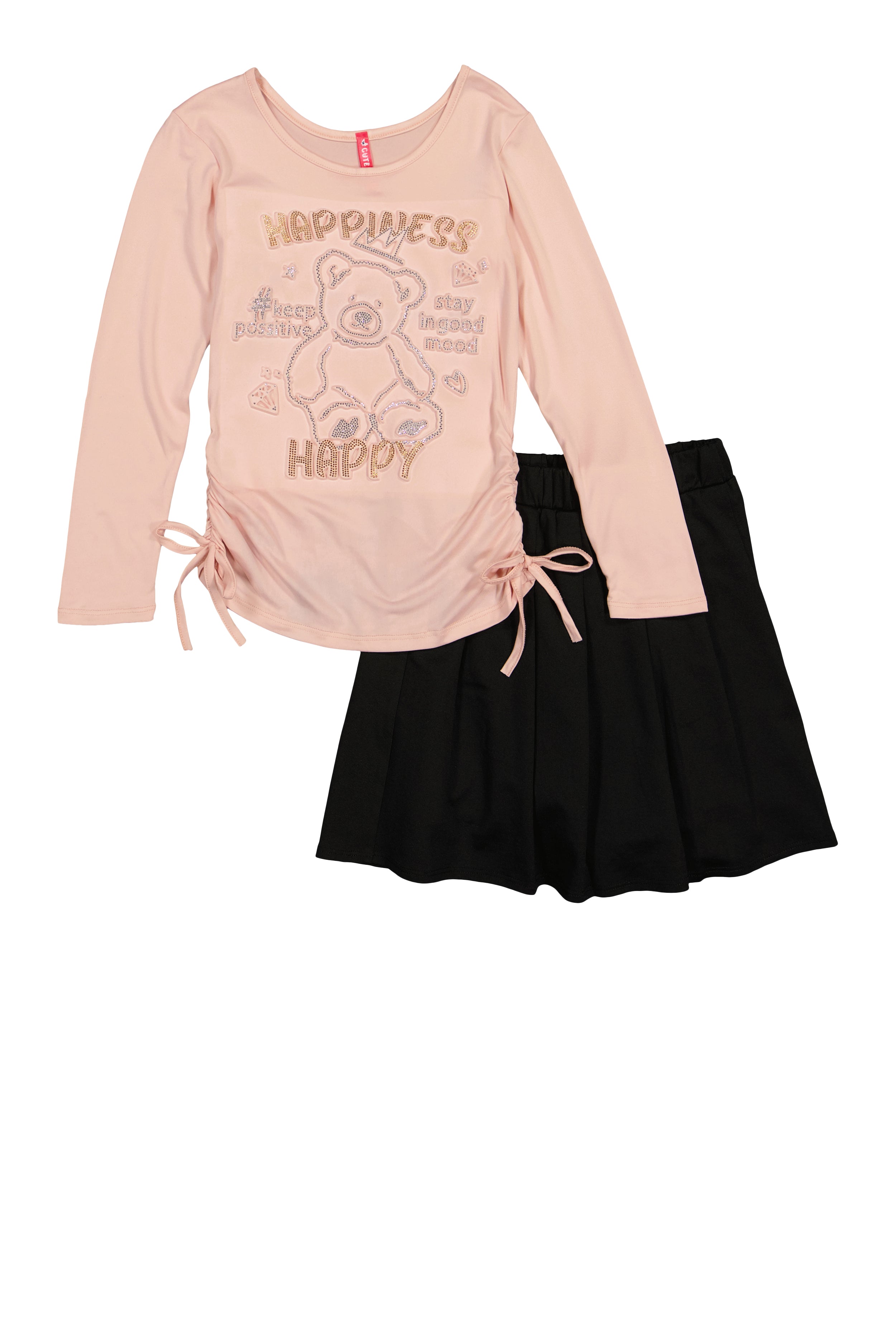 Girls Happiness Bear Rhinestone Graphic Top and Pleated Skirt、mySite、camillekostekn