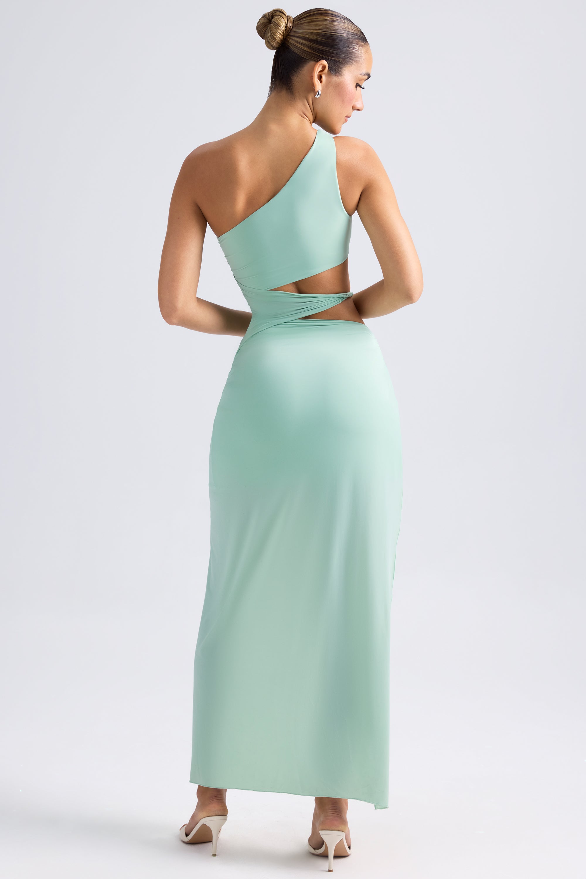 One-Shoulder Draped Cut-Out Maxi Dress in Pastel Green、mySite、solidvoid