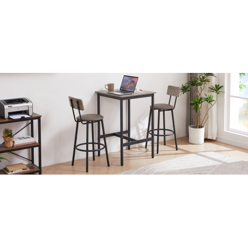 Bar Table Set with 2 Bar stools PU Soft seat with backrest, Grey, 23.62'' W x 23.62'' D x 35.43'' H、、casual