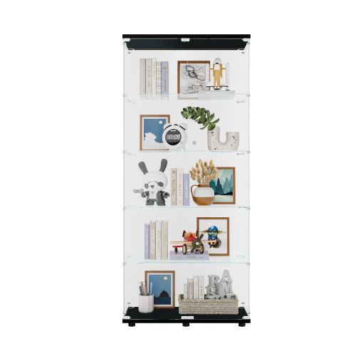 Glass Display Cabinet with 5 Shelves Double Door, Curio Cabinets for Living Room, Bedroom, Office, Black Floor Standing Glass Bookshelf, Quick Installation、、casual