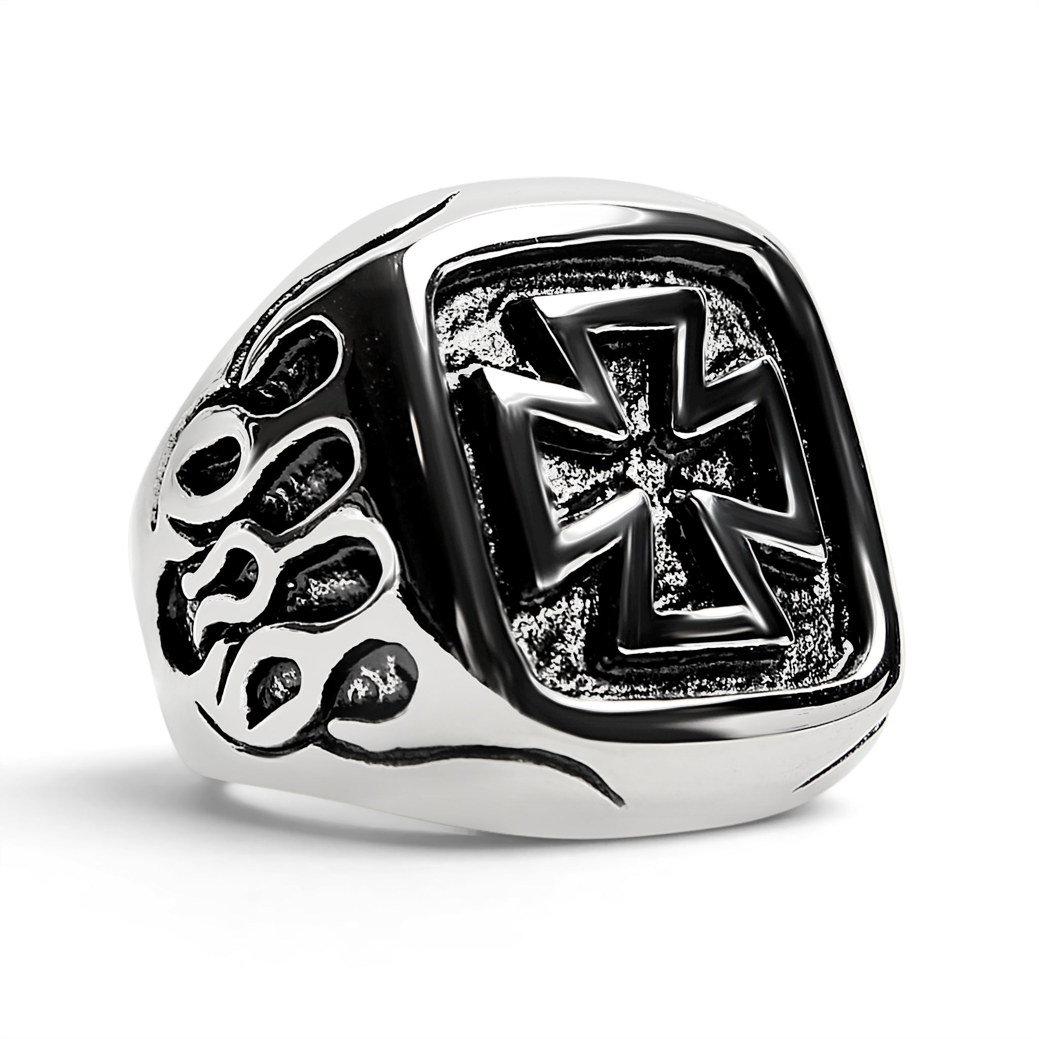 Stainless Steel Large Maltese Cross with Flame Accents Signet Ring / SCR4008、mySite、dreamappss