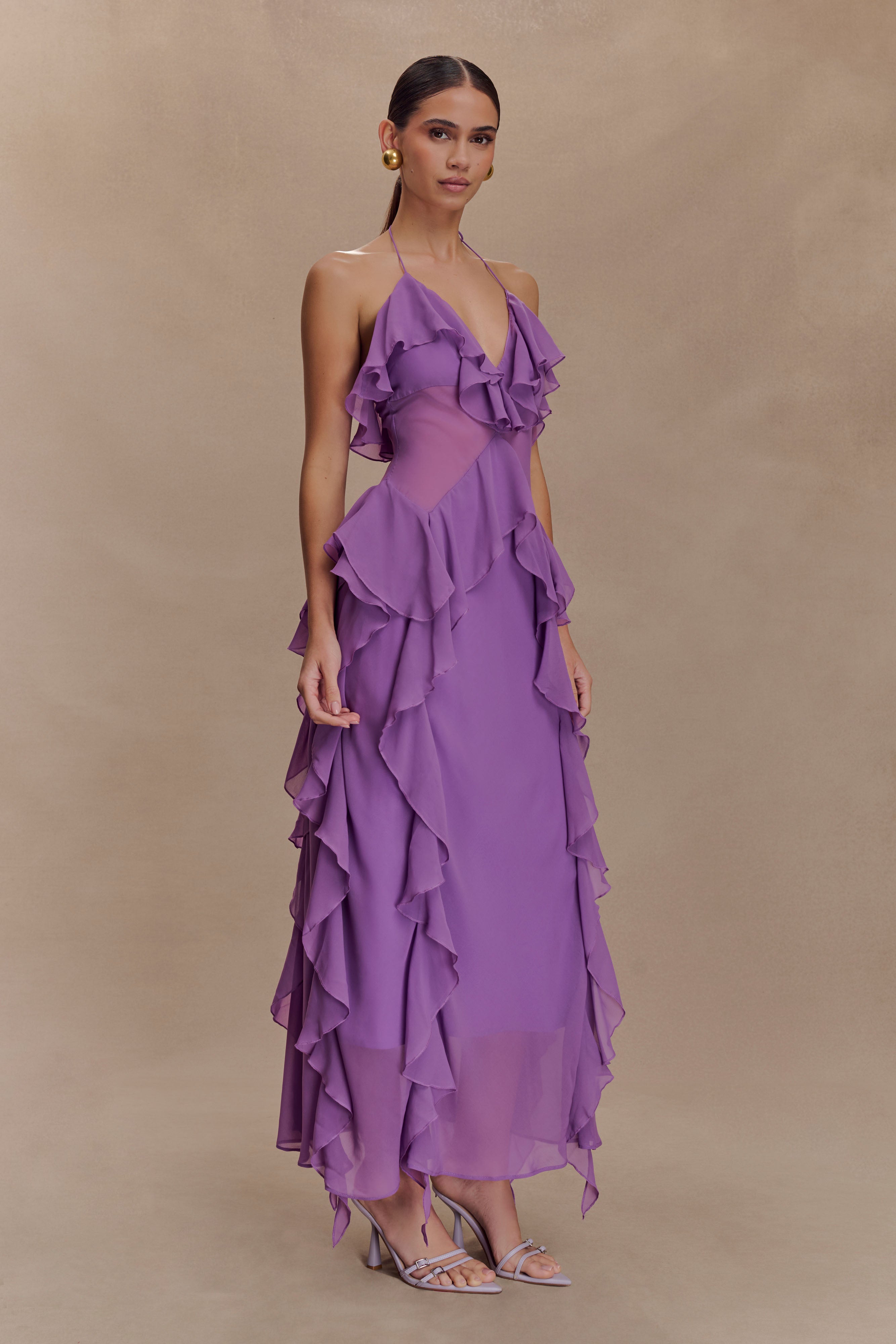 Aleyna Chiffon Ruffle Midi Dress - Purple、mySite、solidvoid