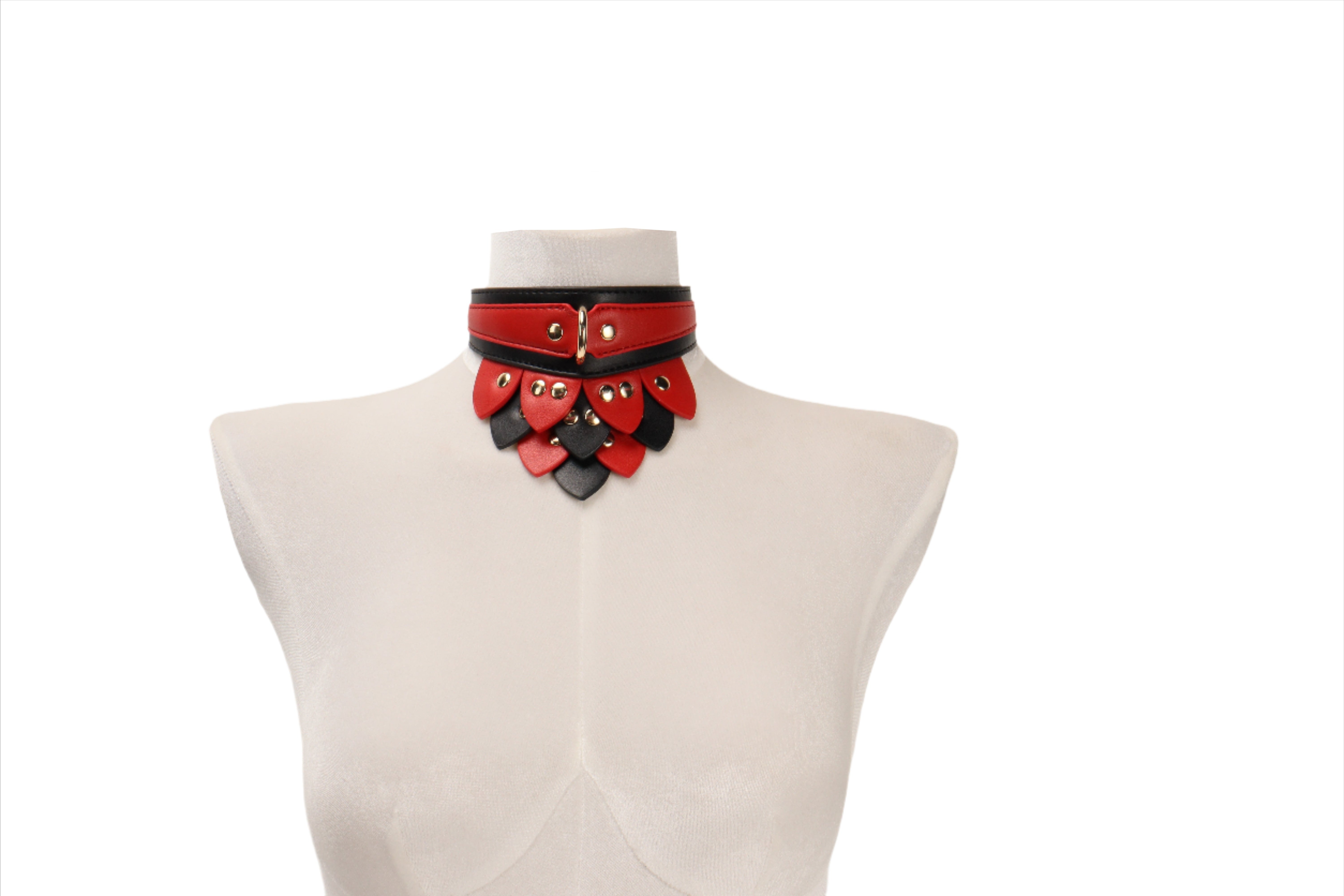 Kink Red & Black Leaf Neck Collar | Faux Leather | Gold Press Studs | Adjustable、mySite、bottomscart