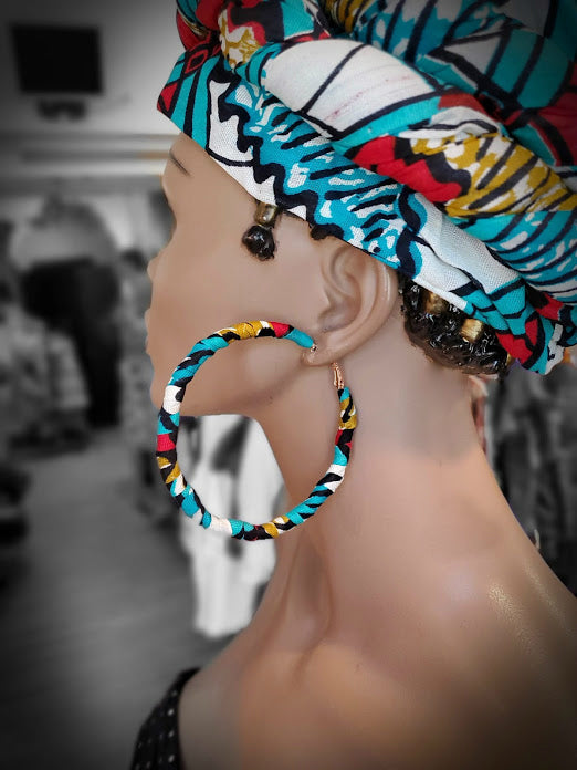Red, Turquoise African Print Hoop Earrings-DP3551JL、mySite、solidvoid