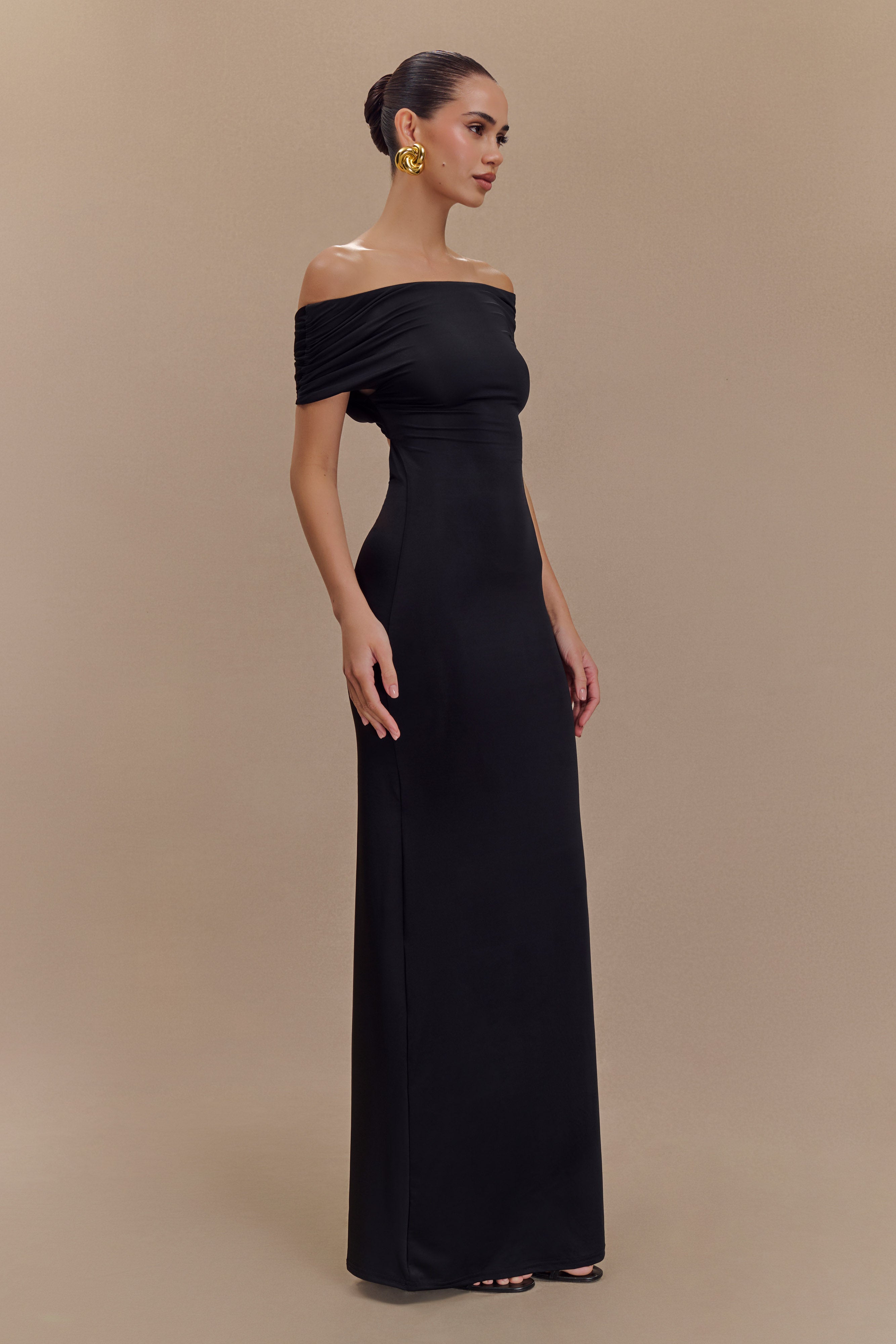 Imogen Off Shoulder Slinky Maxi Dress - Black、mySite、solidvoid