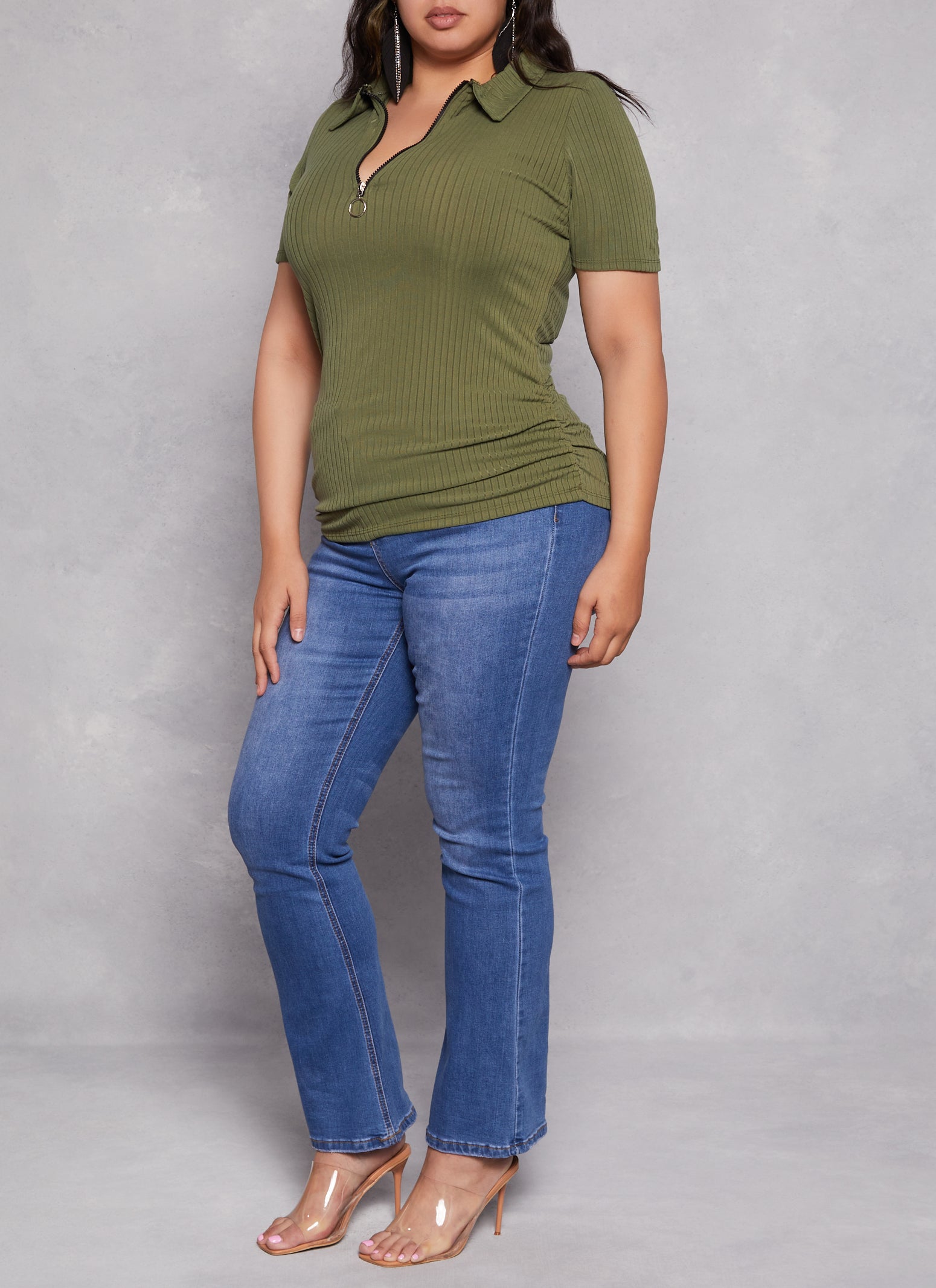 Plus Size Ruched Half Zip Polo Shirt、mySite、camillekostekn