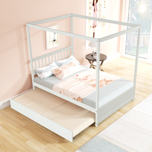 Full Size Canopy Bed with Twin Trundle, Kids Solid Wood Platform Bed Frame w/ Headboard, No Box Spring Needed Grey Color、、xpatfood