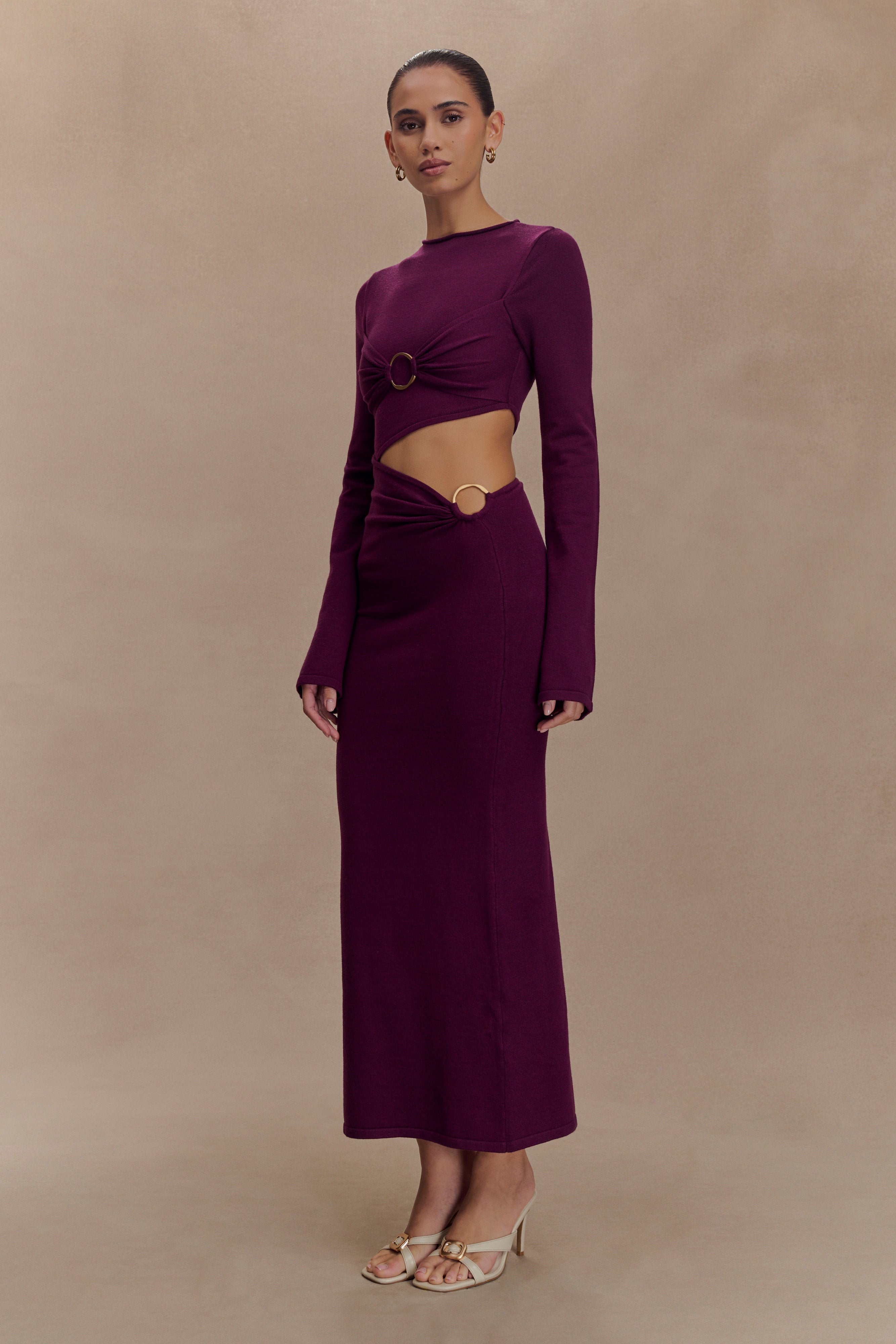 Azariah Long Sleeve Knit Midi Dress - Plum、mySite、solidvoid