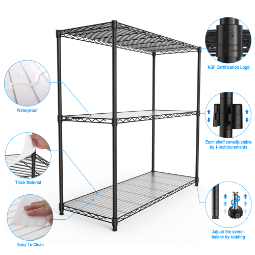 3 Tier Wire Shelving Unit, 1050 LBS NSF Height Adjustable Metal Garage Storage Shelves, Heavy Duty Storage Wire Rack Metal Shelves - Black、、casual
