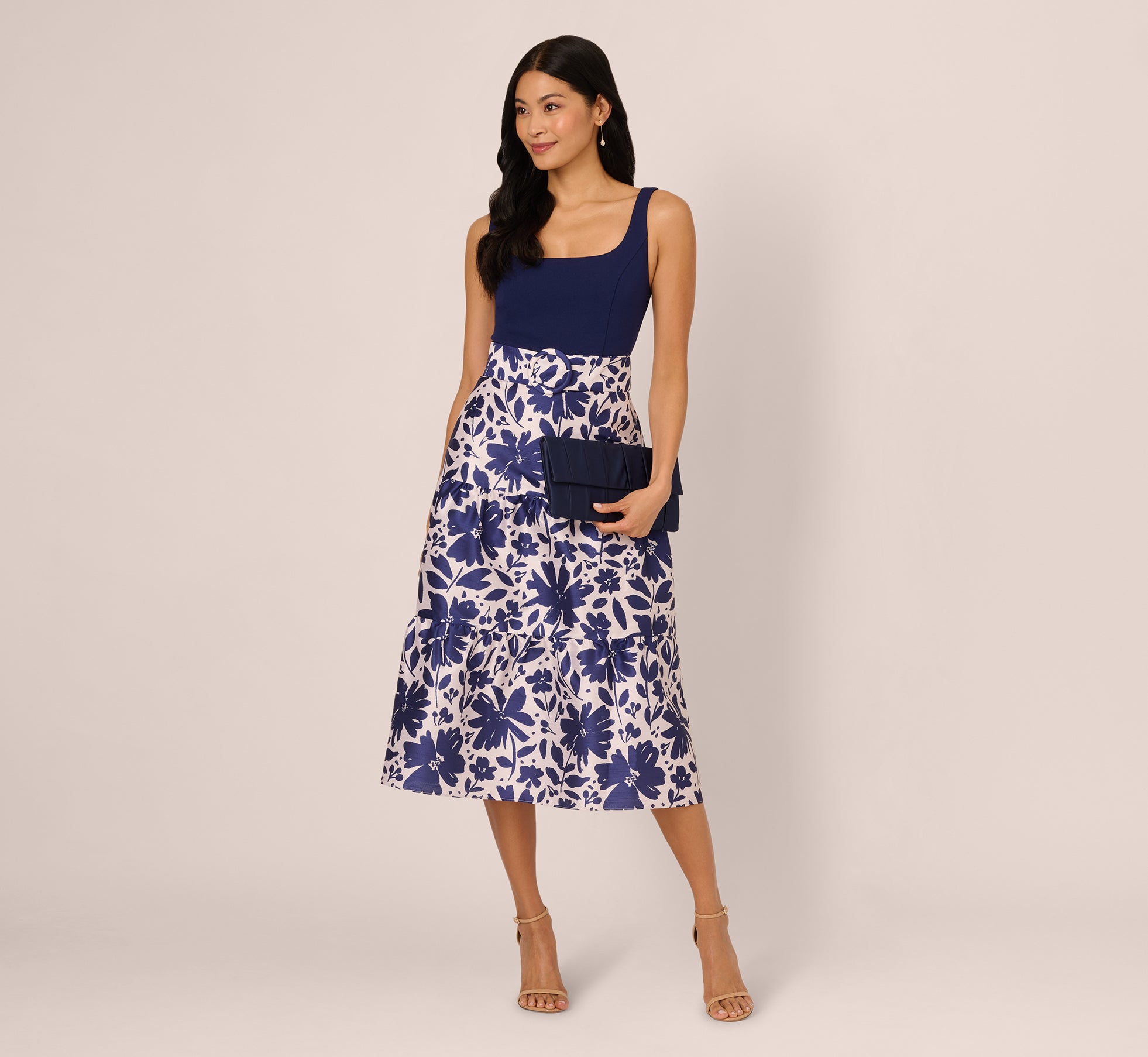 Sleeveless Floral Combo Flounce Dress In Navy Ivory、mySite、solidvoid