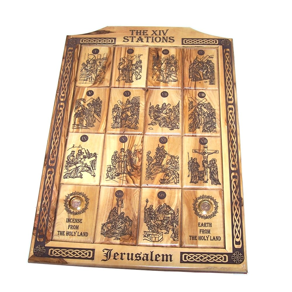  Holy Land Market Olive Wood Stations of The Cross Icon with Images Engraved by Laser in Plaque - one Piece (38 x 27 cm or 15 x 10.5 inch high)、mySite、elrpsem3k
